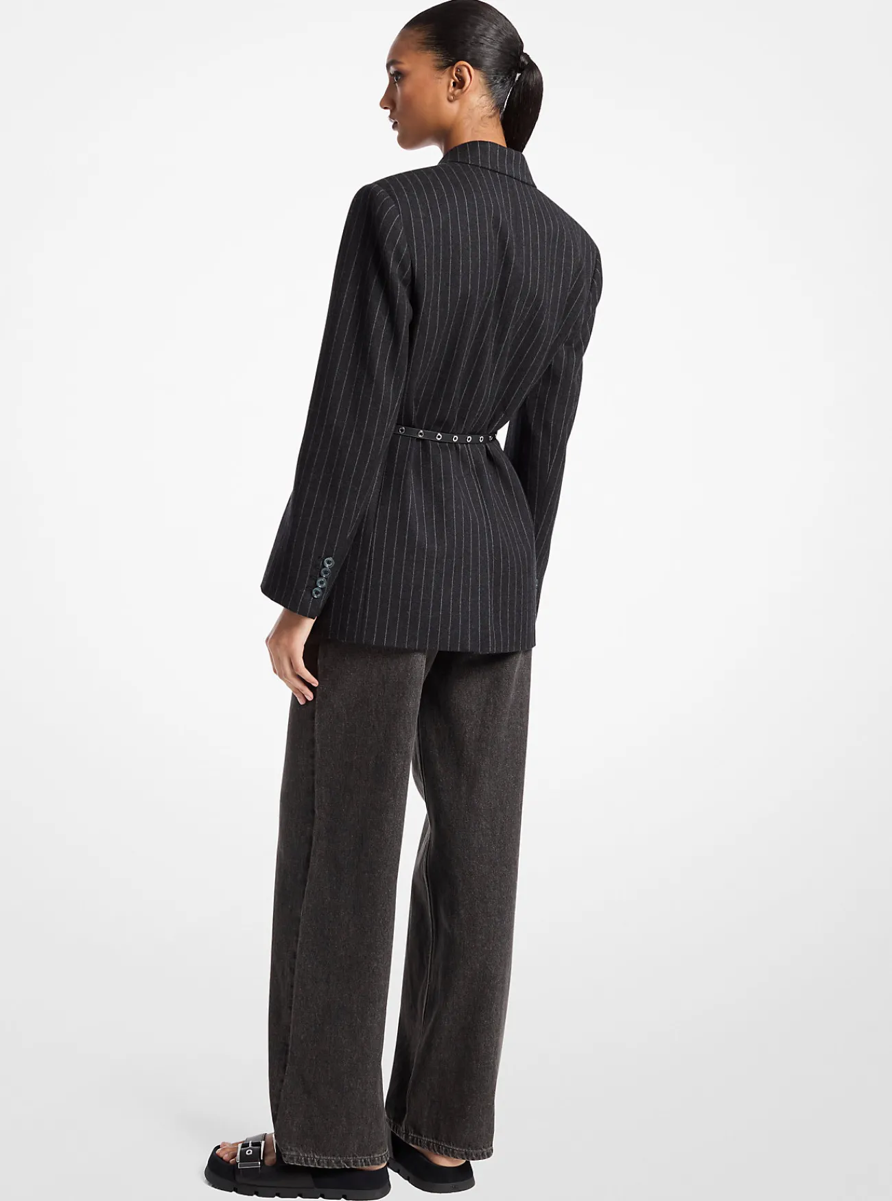Michael Kors Blazer van wolmix met dubbele knopenrij en riem, gestreept CHARCOALHEATHER Clearance
