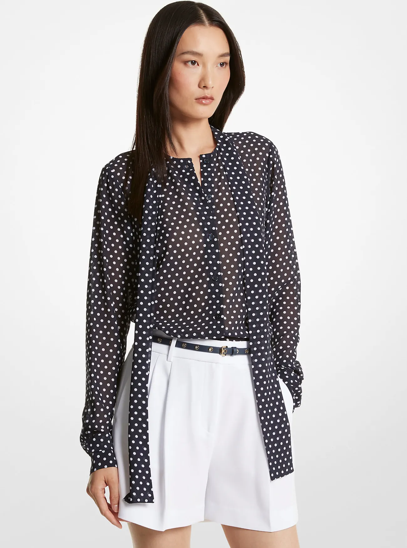 Michael Kors Blouse van cr&ecirc;pe georgette met stippenprint en koordjes bij de hals MIDNIGHTBLUE Hot