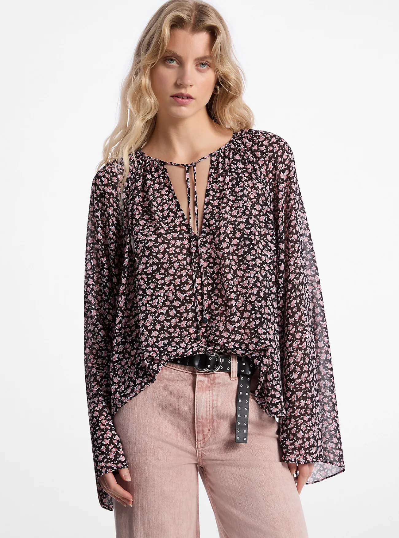 Michael Kors Blouse van cr&ecirc;pe georgette met bloemenprint en uitlopende mouwen OUDROZE Outlet