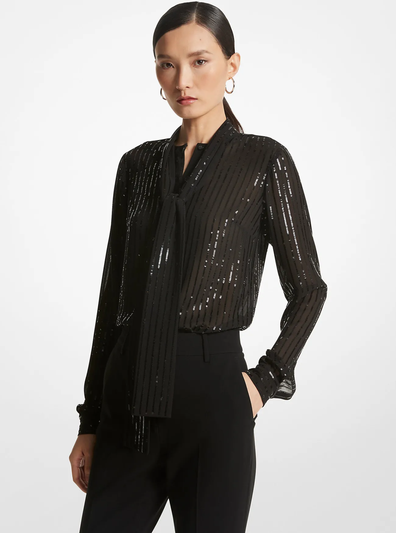 Michael Kors Blouse van cr&ecirc;pe georgette met lovertjes in krijtstreeppatroon en koordjes bij de hals ZWART Sale