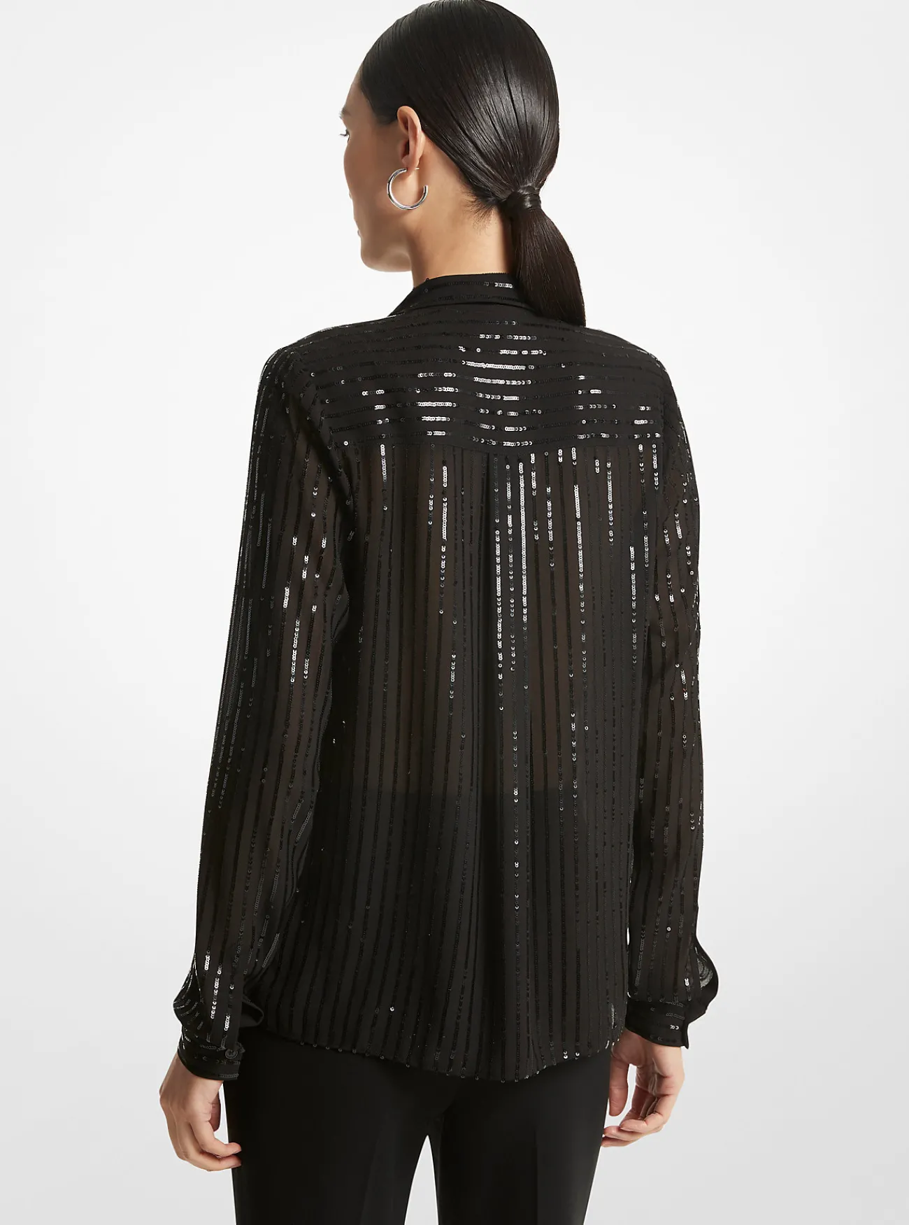 Michael Kors Blouse van cr&ecirc;pe georgette met lovertjes in krijtstreeppatroon en koordjes bij de hals ZWART Sale