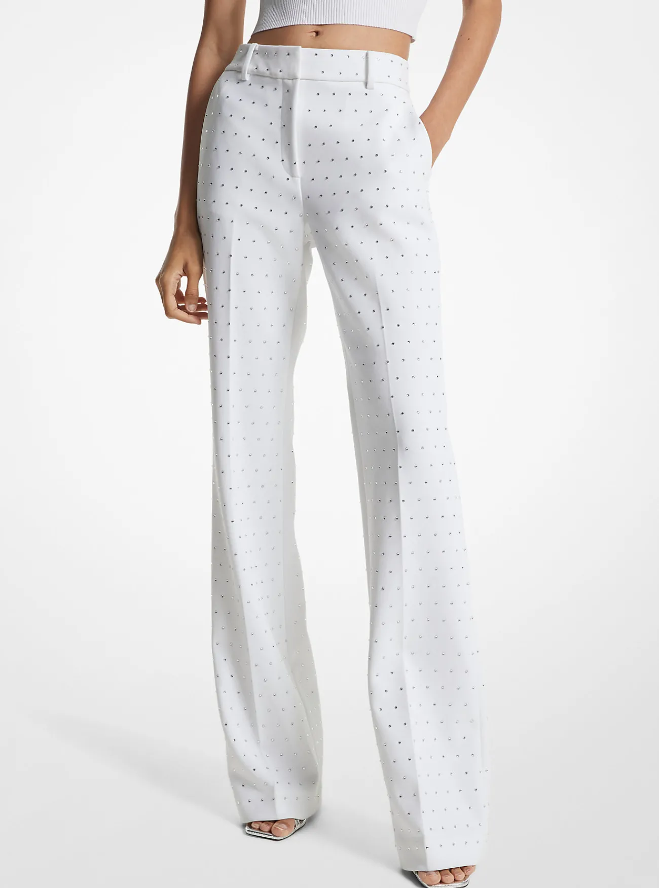 Michael Kors Bootcut-broek van cr&ecirc;pe met stretch en kristallen versieringen WIT Discount