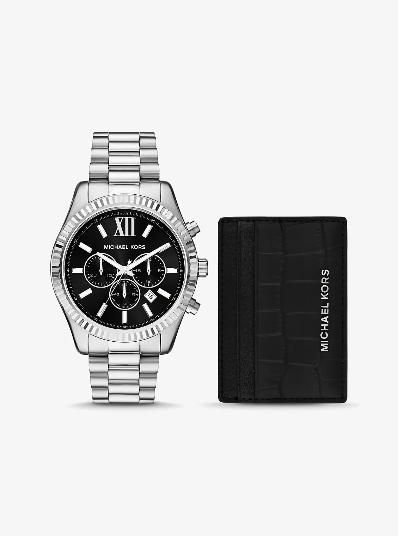 Michael Kors Cadeauset met kleurig oversized horloge Lexington met bandje van leer met krokodillenprint in reli&euml;f en kaarthouder ZILVER Hot