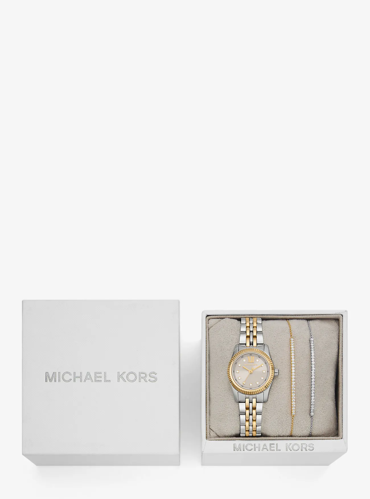 Michael Kors Cadeauset van armbanden met schuifsluiting en horloge Lexington, met siersteentjes TWEEKLEURIG Outlet