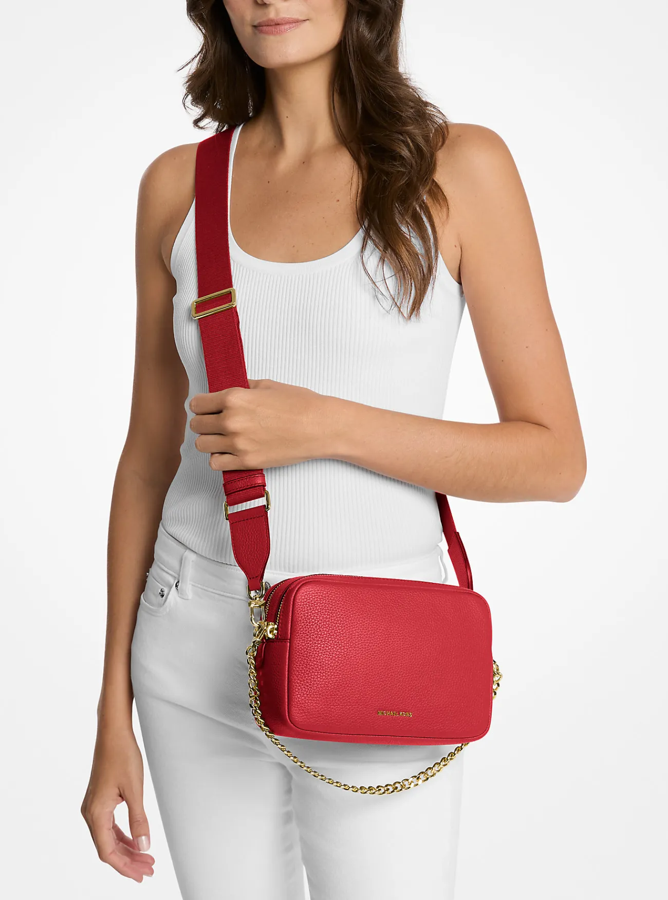 Michael Kors Cameracrossbodytas Bryant van getrommeld leer, middelgroot KARMOZIJNROOD Clearance