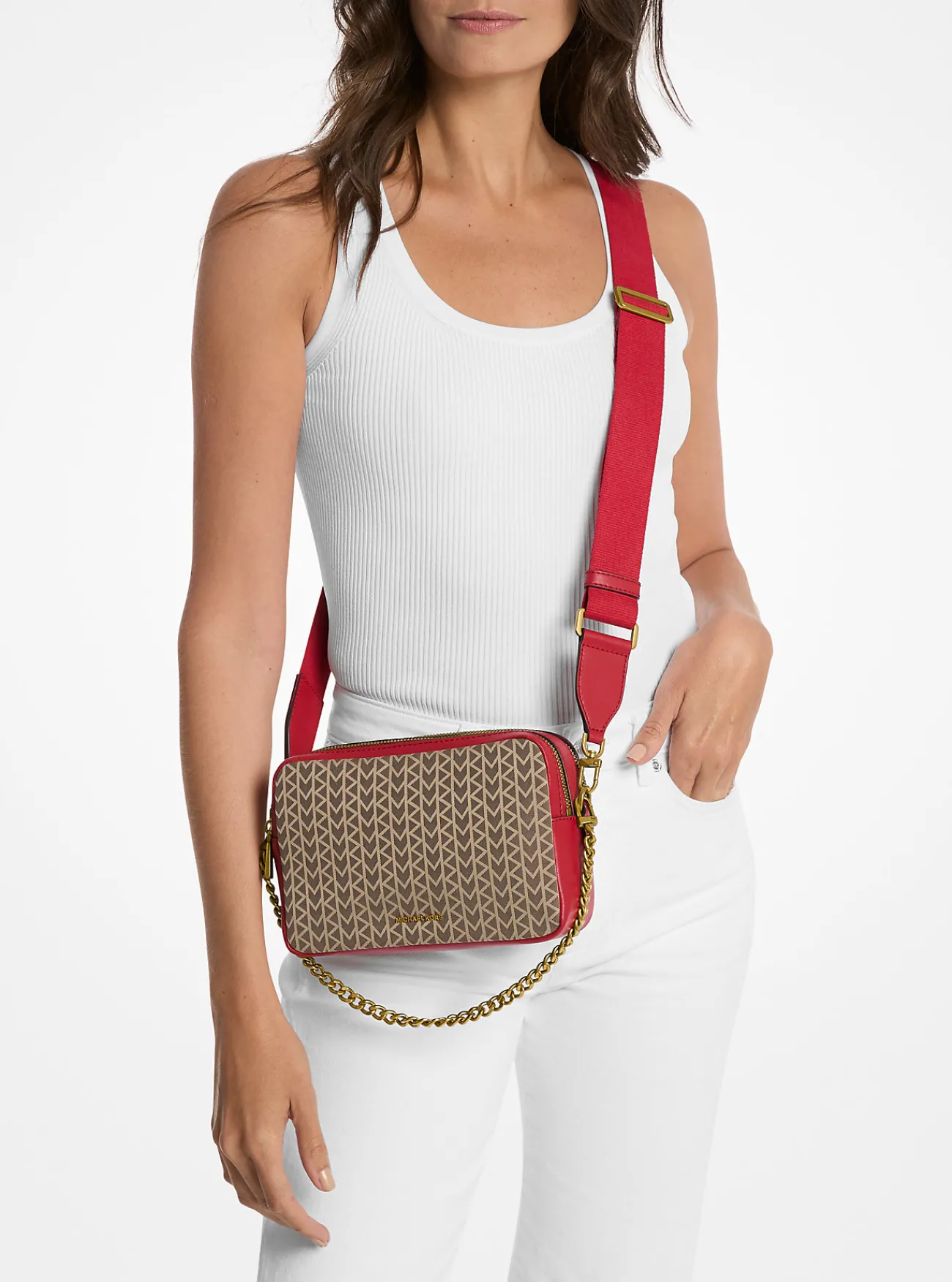 Michael Kors Cameracrossbodytas Bryant van MK2000-jacquard met logo KARMOZIJNROODMULTI Outlet