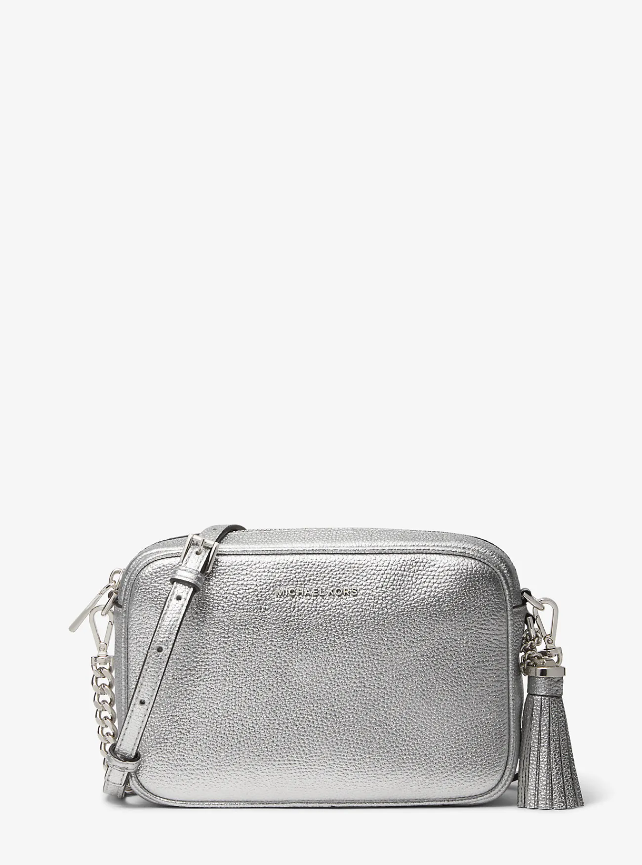Michael Kors Cameratas Jet Set van metallic getrommeld leer, middelgroot ZILVER Clearance
