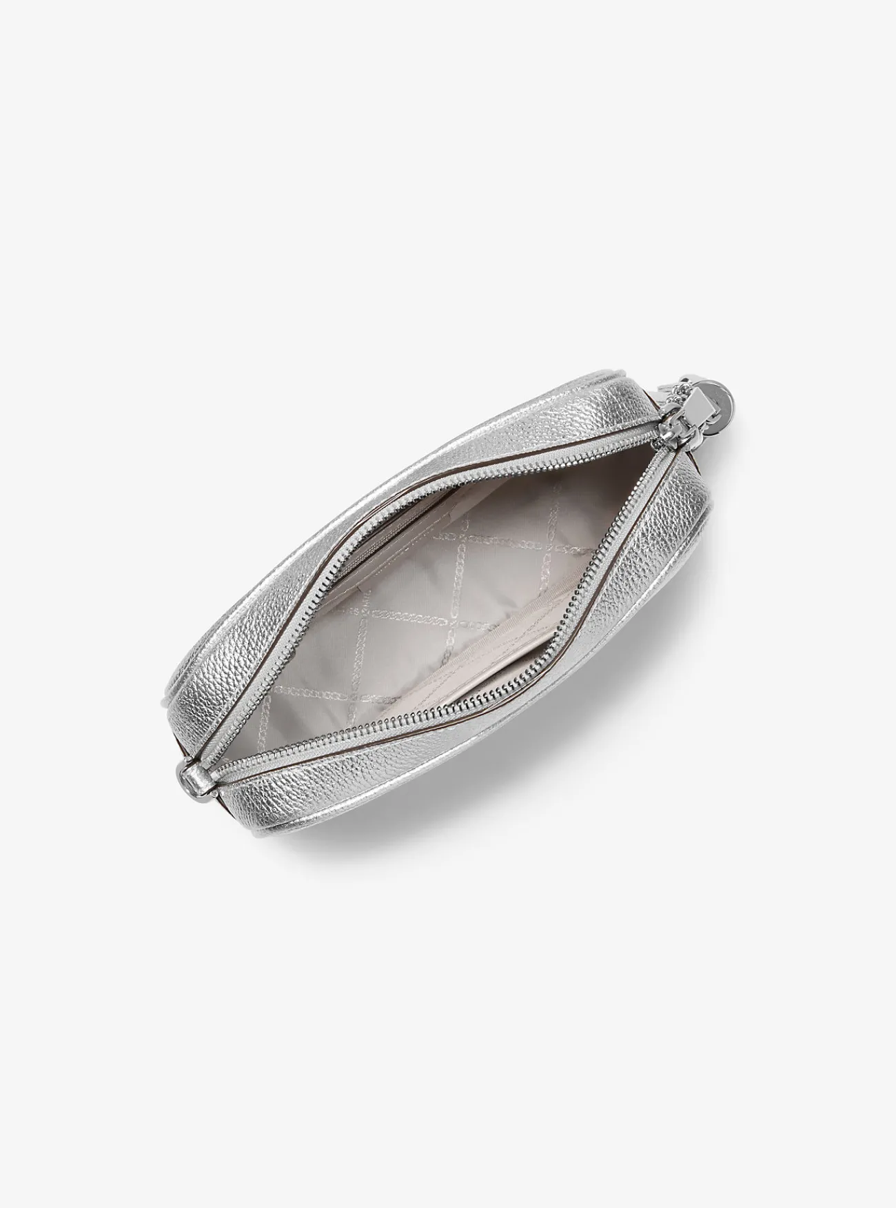 Michael Kors Cameratas Jet Set van metallic getrommeld leer, middelgroot ZILVER Clearance
