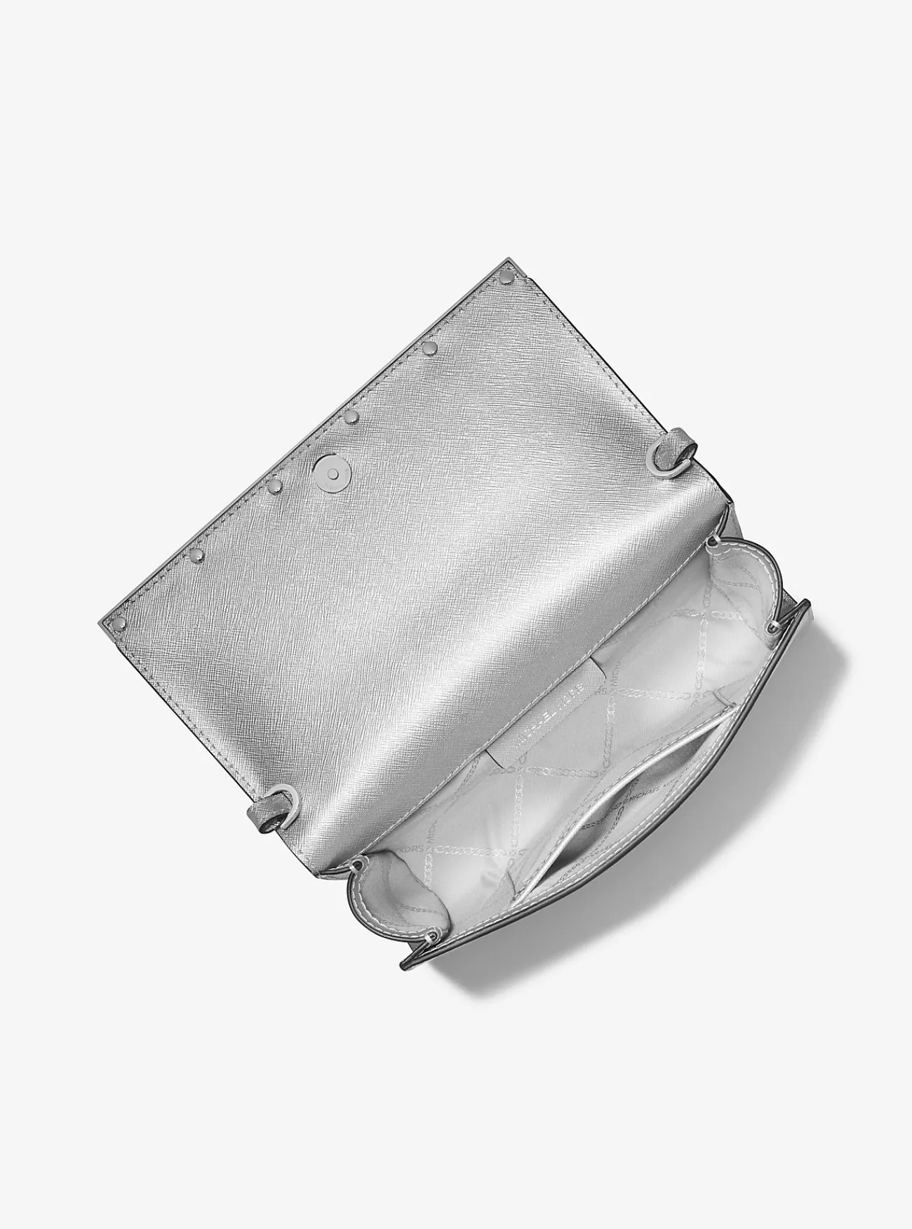Michael Kors Clutch Mona van metallic saffianoleer, groot ZILVER Outlet
