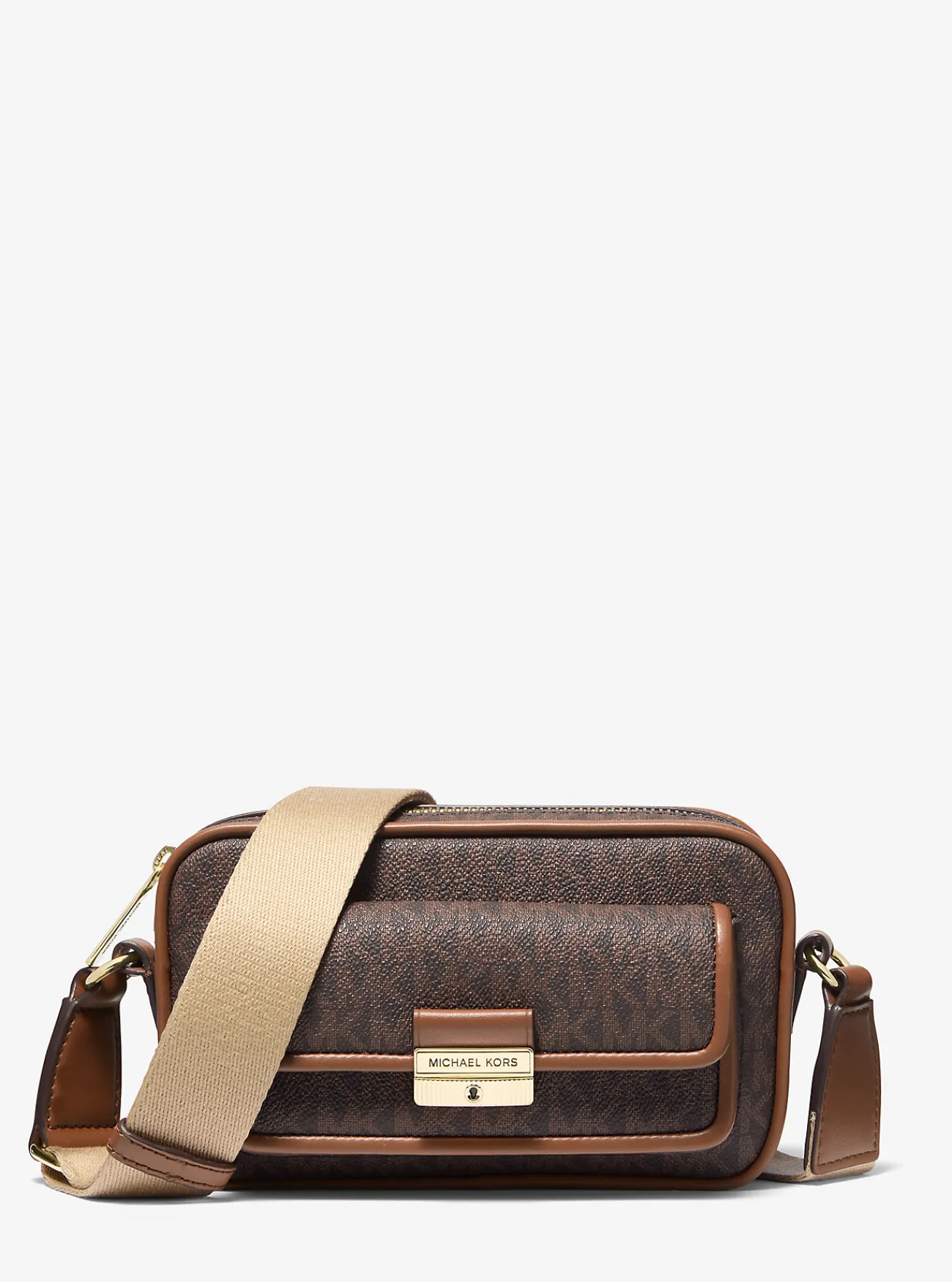 Michael Kors Crossbodycameratas Bradshaw met metallic kenmerkend logo, extra klein BRUIN Discount