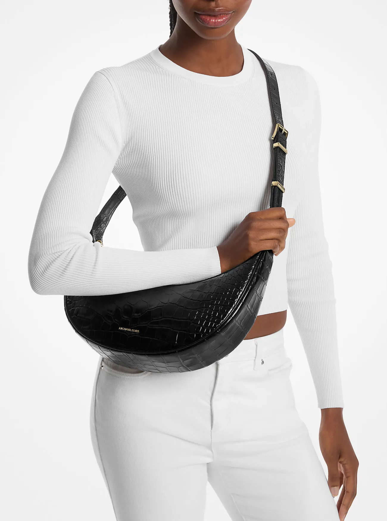 Michael Kors Crossbodytas Avra van leer met krokodillenprint in reliëf, middelgroot ZWART Sale