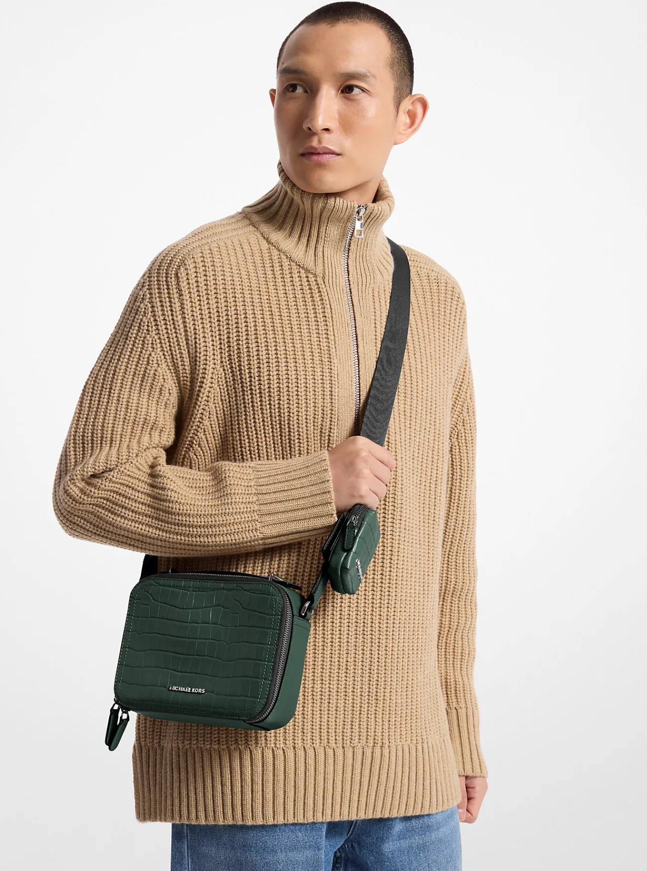 Michael Kors Crossbodytas Hudson van leer met krokodillenprint in reliëf BOSGROEN Clearance