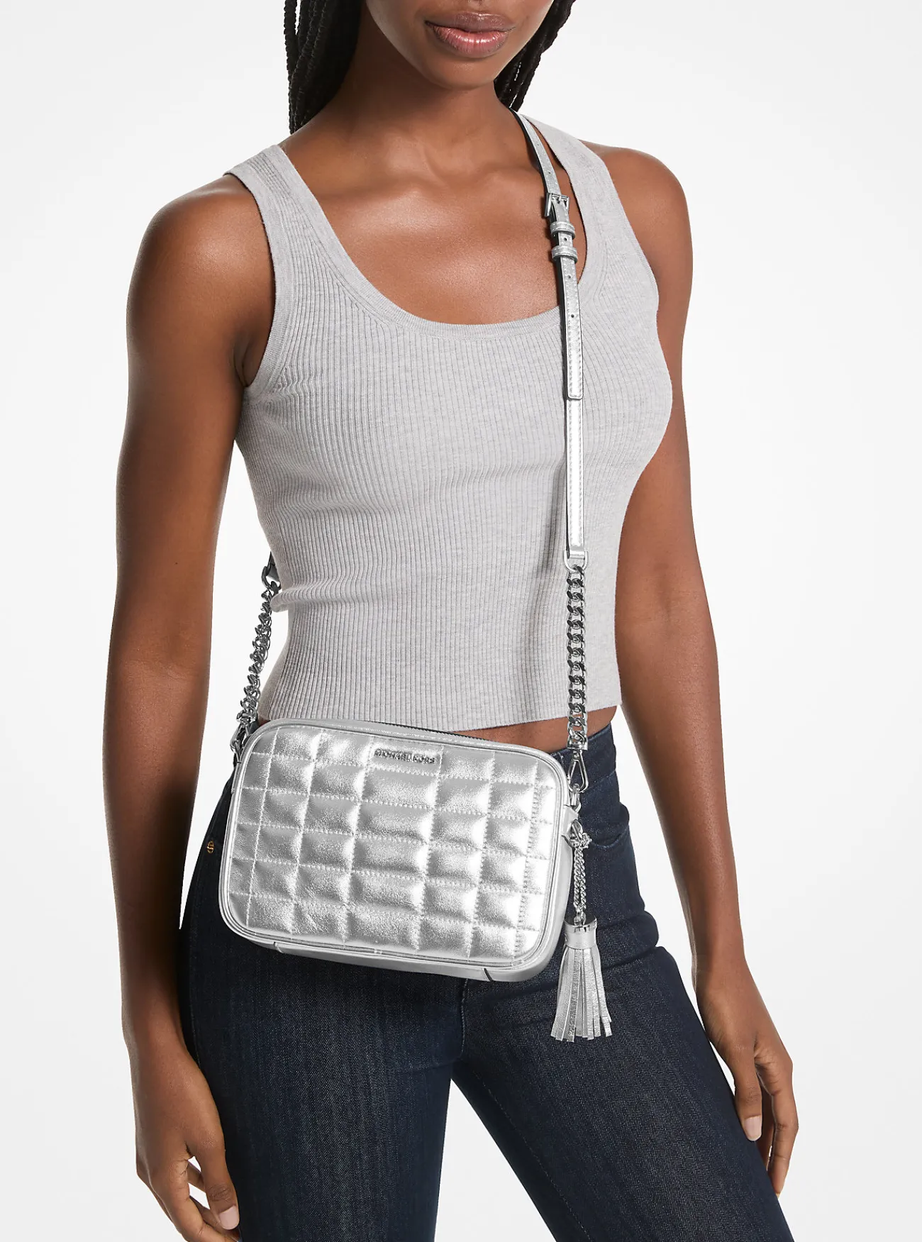 Michael Kors Crossbodytas Jet Set van doorgestikt metallic leer, middelgroot ZILVER Clearance