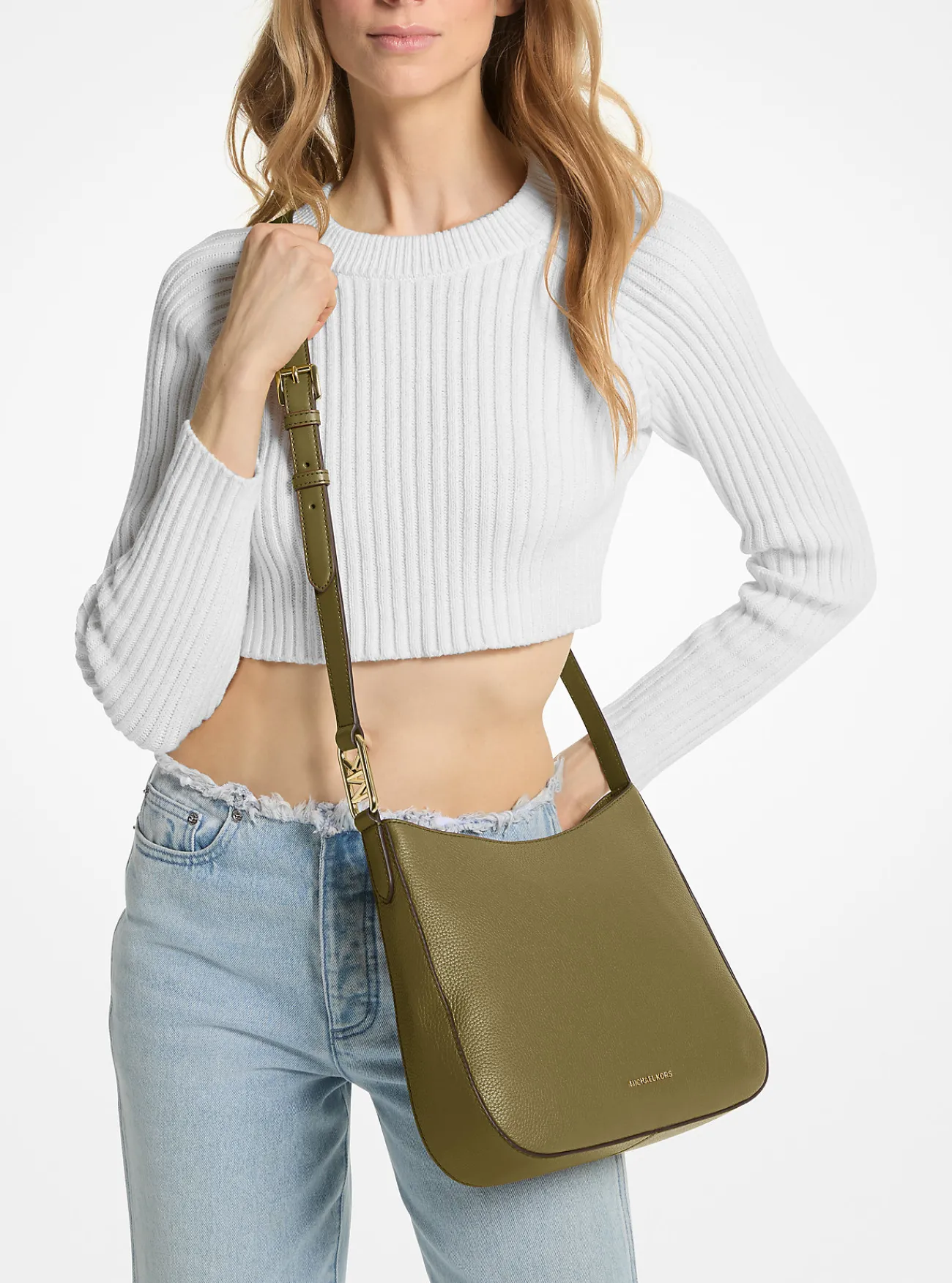 Michael Kors Crossbodytas Kensington van getrommeld leer, groot SAFARIGROEN Outlet