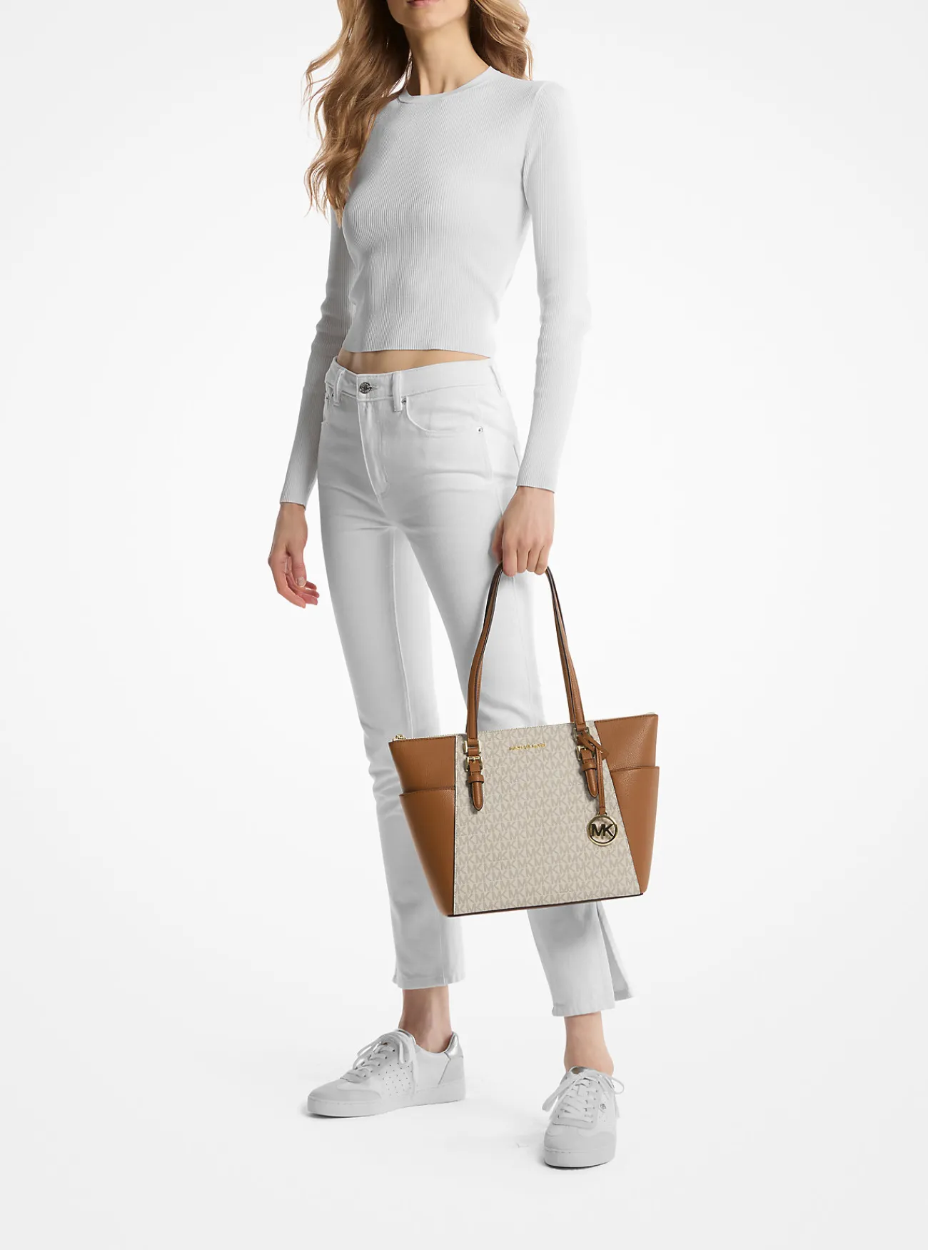 Michael Kors Draagtas Charlotte van leer met logo en rits aan bovenkant, groot VANILLE Outlet