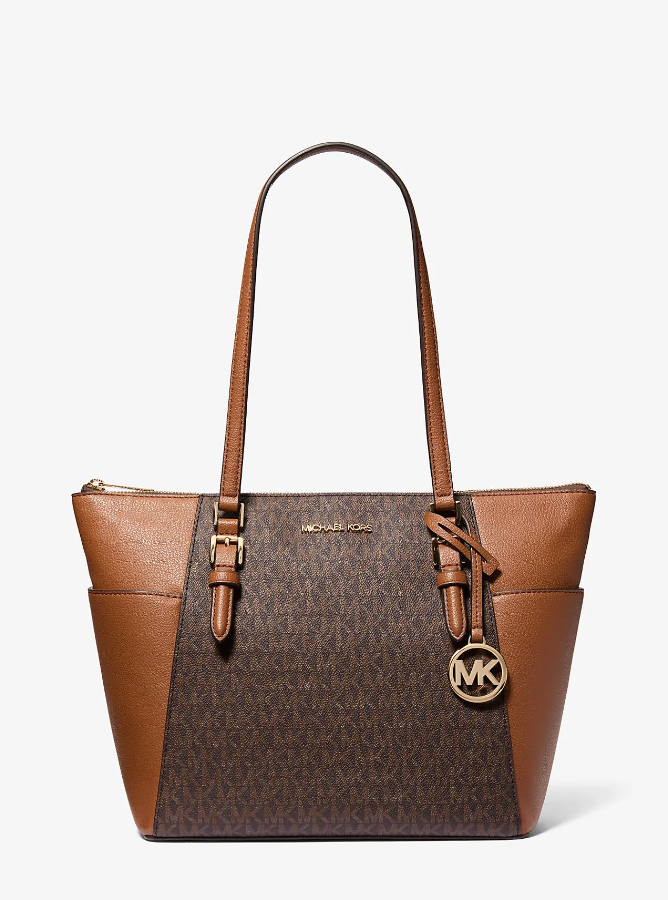 Michael Kors Draagtas Charlotte van leer met logo en rits aan bovenkant, groot BRUIN Fashion