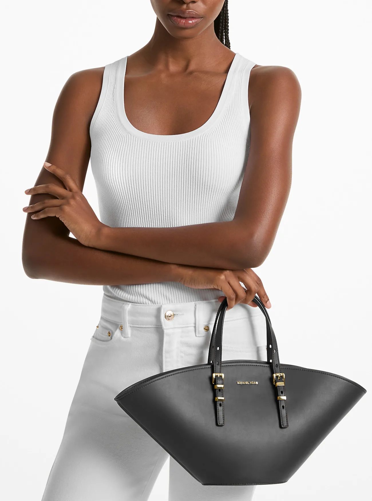 Michael Kors Draagtas Isa van leer, klein ZWART New