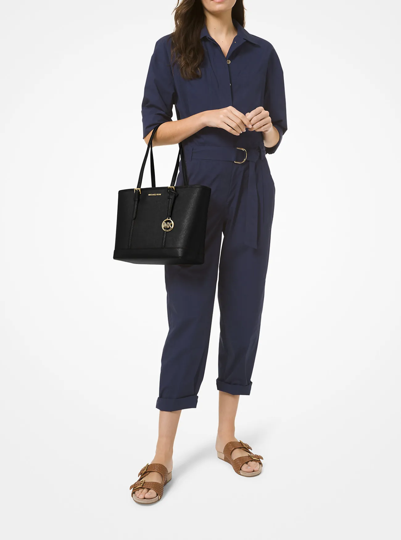 Michael Kors Draagtas Jet Set Travel van saffianoleer met ritssluiting aan de bovenkant, klein ZWART Discount