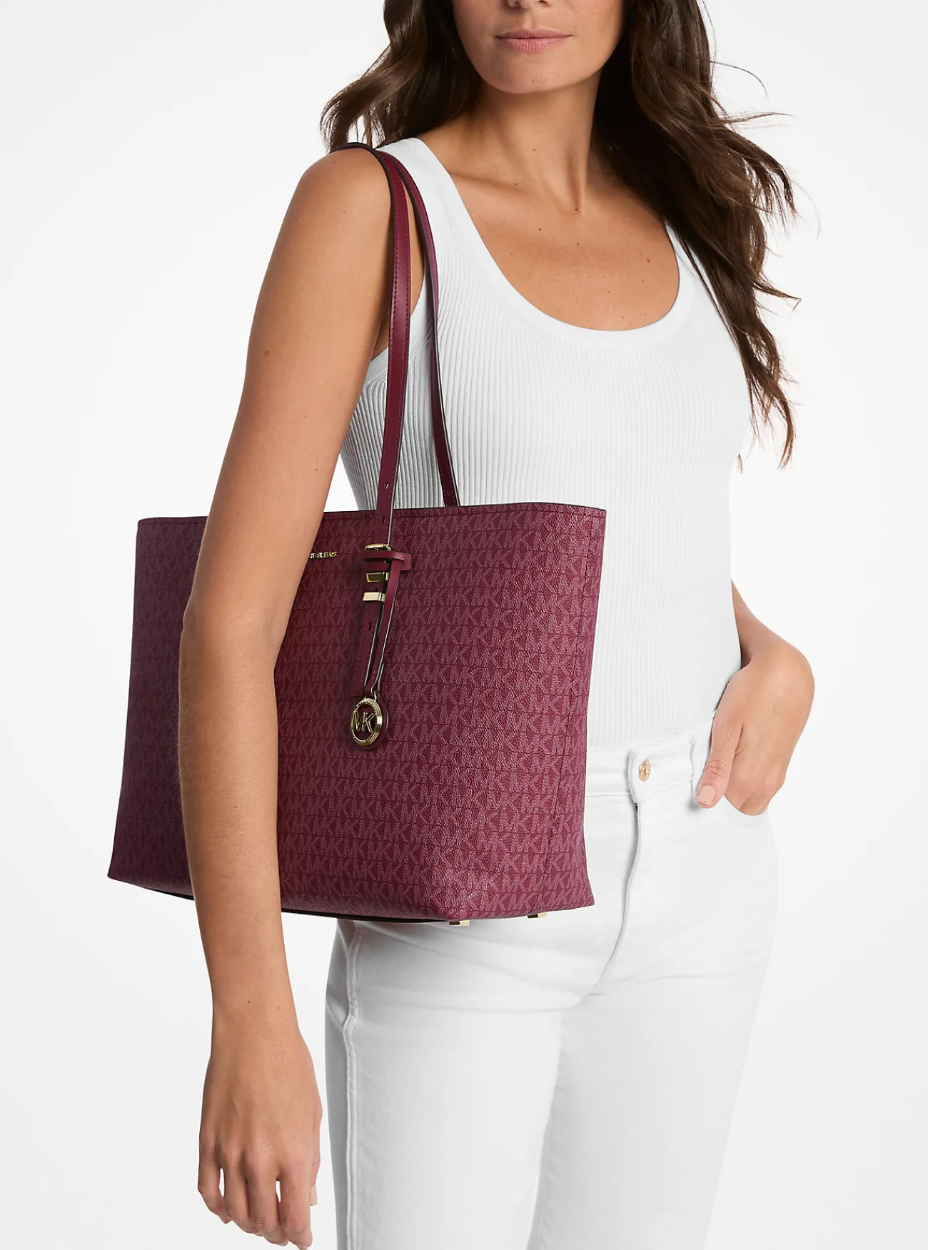 Michael Kors Draagtas Quinn van canvas met kenmerkend logo en leer, groot MOERBEI Best