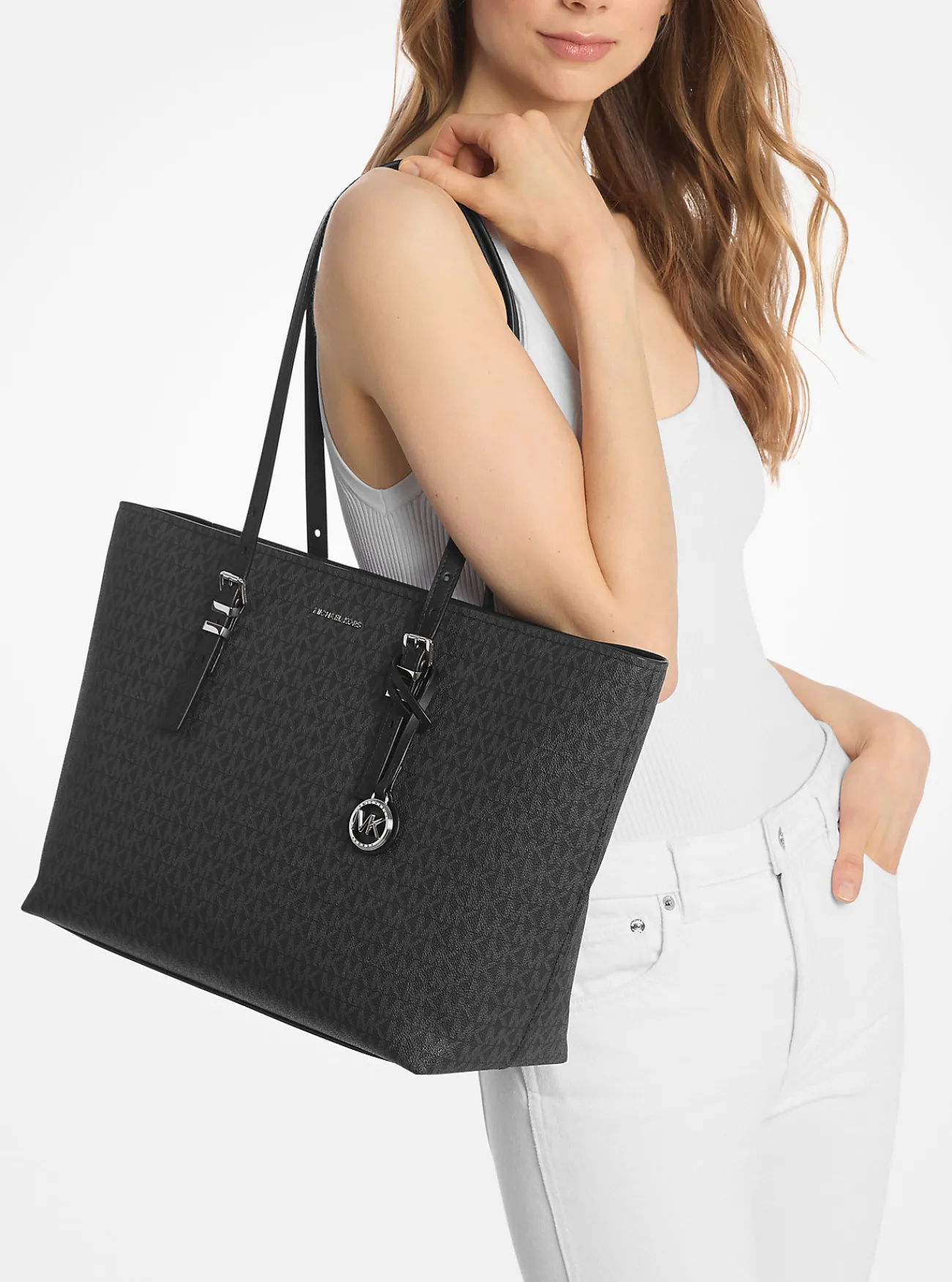 Michael Kors Draagtas Quinn van canvas met kenmerkend logo en leer, groot ZWART Online