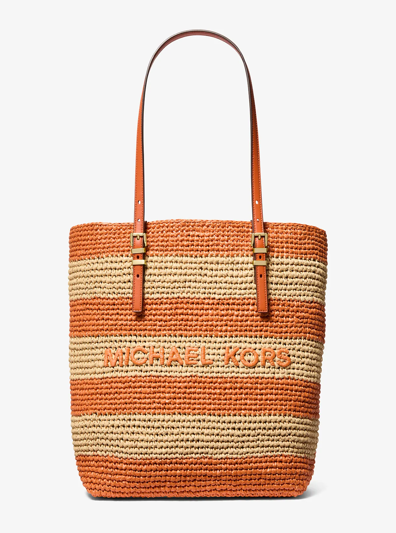 Michael Kors Draagtas Quinn van handgehaakt stro, groot ORANJEPUNCH New