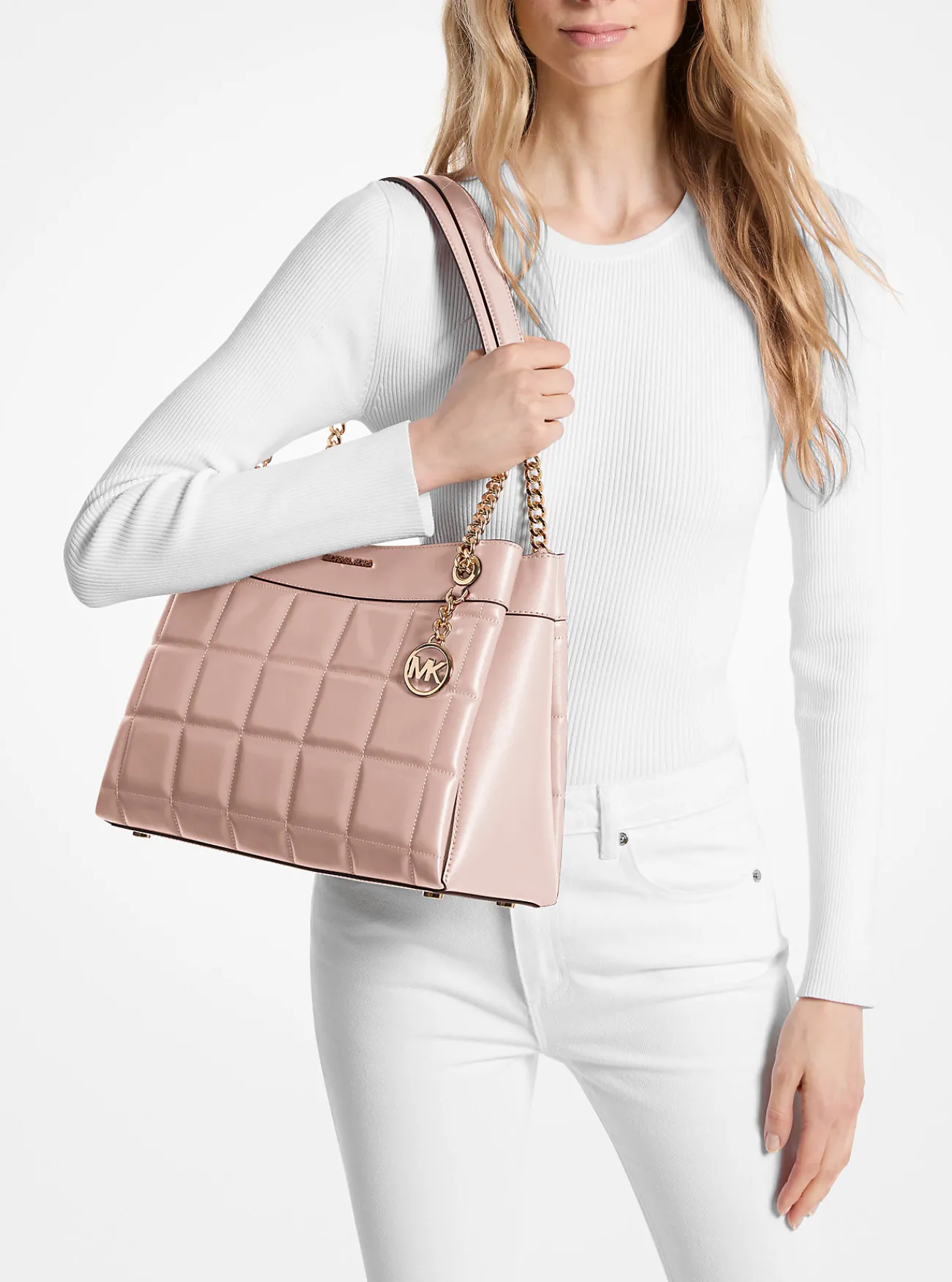 Michael Kors Draagtas Susan van doorgestikt leer, middelgroot ZACHTROZE Best