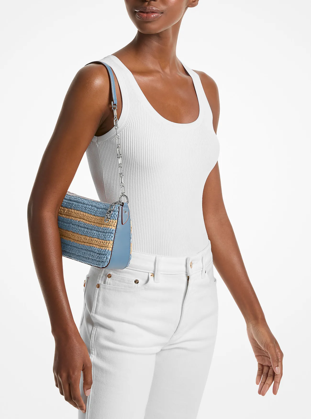 Michael Kors Enveloptas Empire van handgehaakt stro met strepen en kettingriem, middelgroot CHAMBRAY Clearance