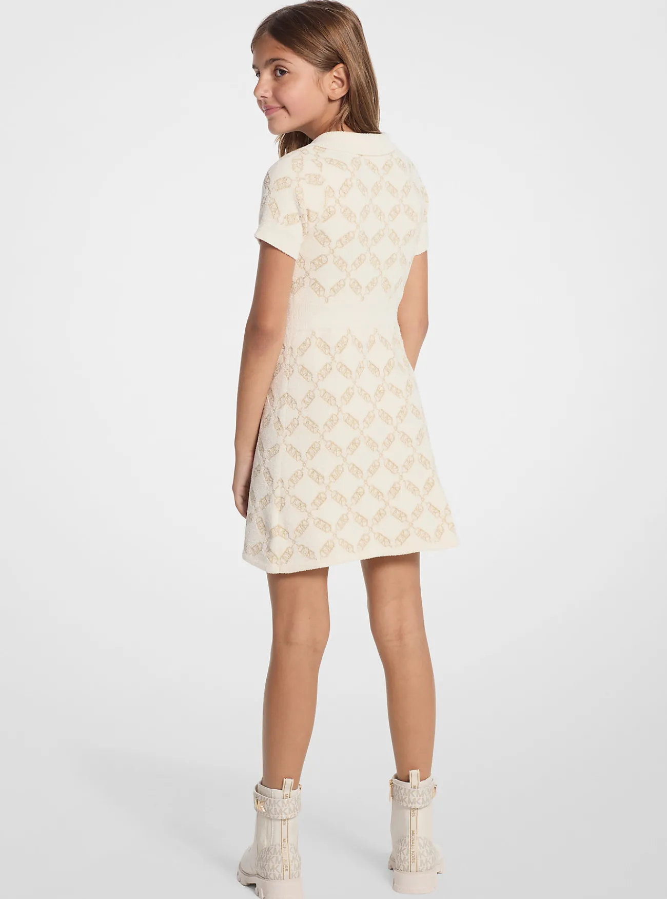 Michael Kors Gebreide jurk met kwartrits en diamantvormig patroon met Empire-logo CR&Egrave;ME Sale
