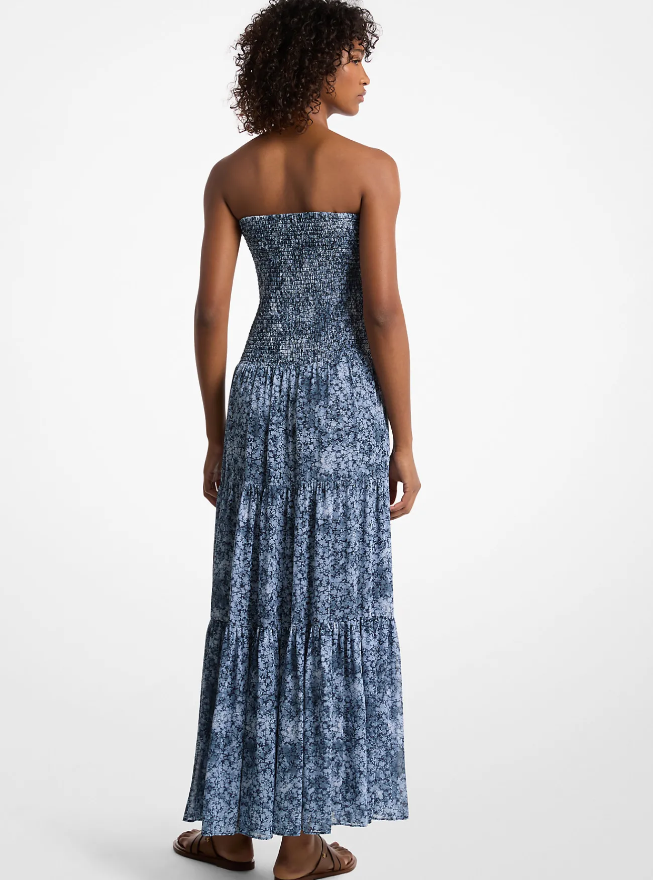 Michael Kors Gelaagde jurk van cr&ecirc;pe georgette met bloemenprint en smokwerk MIDNIGHTBLUE Sale