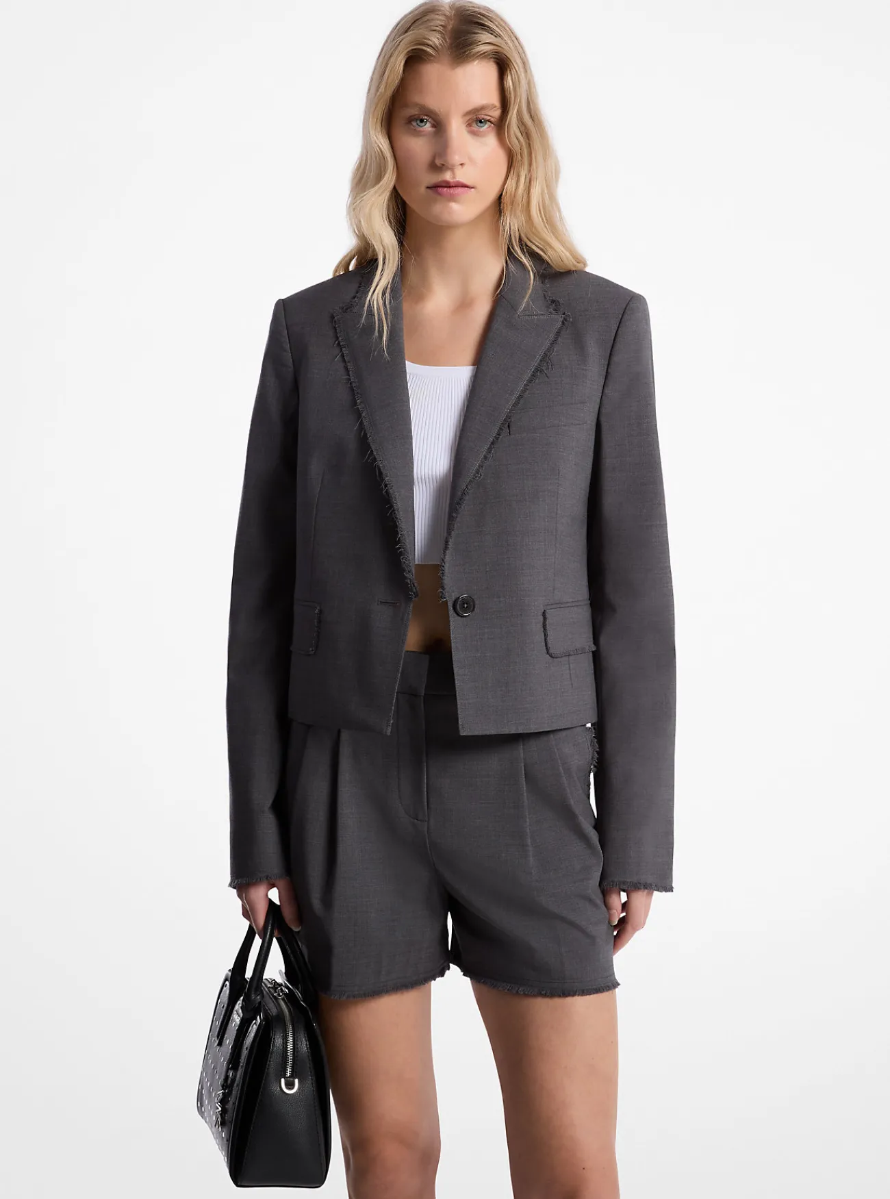 Michael Kors Gerafelde blazer van tropische wol met stretch en korte pasvorm DERBYHEATHER Sale