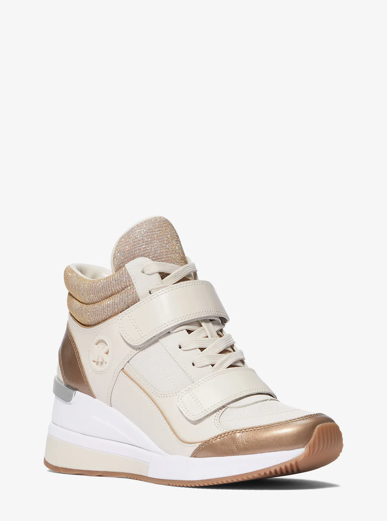 Michael Kors Hoge sneaker Gentry van leer en glittermesh met sleehak CAMELCOMBO New