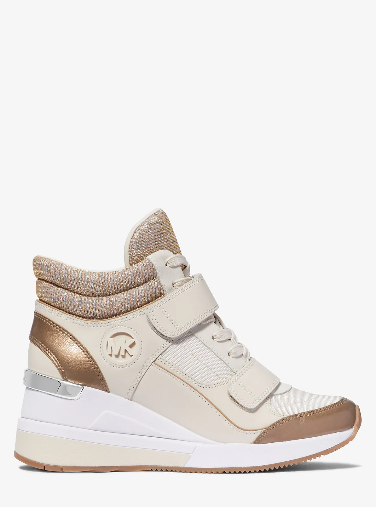 Michael Kors Hoge sneaker Gentry van leer en glittermesh met sleehak CAMELCOMBO New
