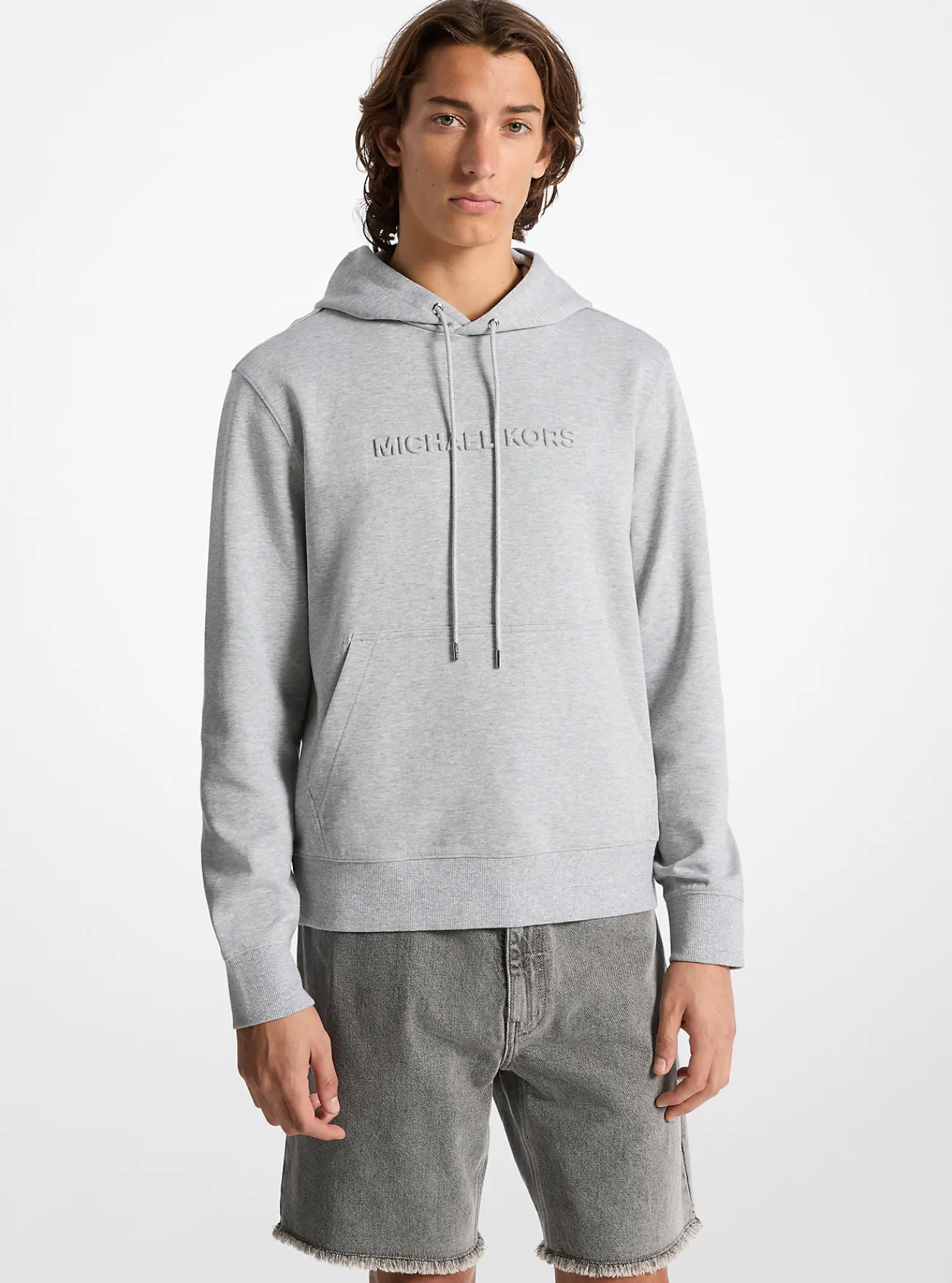 Michael Kors Hoody van katoenmix met logo in reli&euml;f STEENGRIJS Outlet