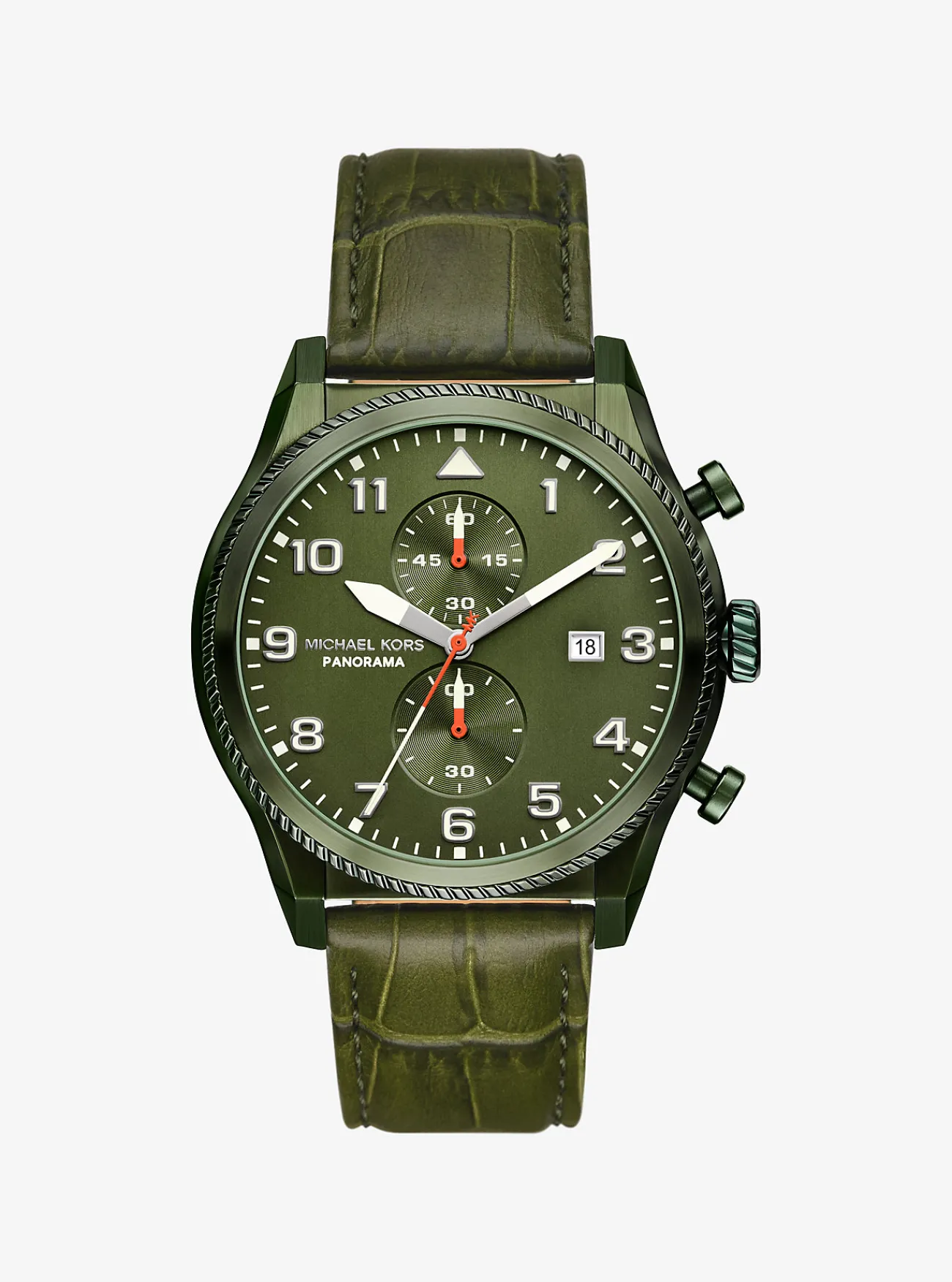 Michael Kors Horloge Panorama met bandje van leer met krokodillenprint in reli&euml;f, en oversized OLIJFGROEN Clearance