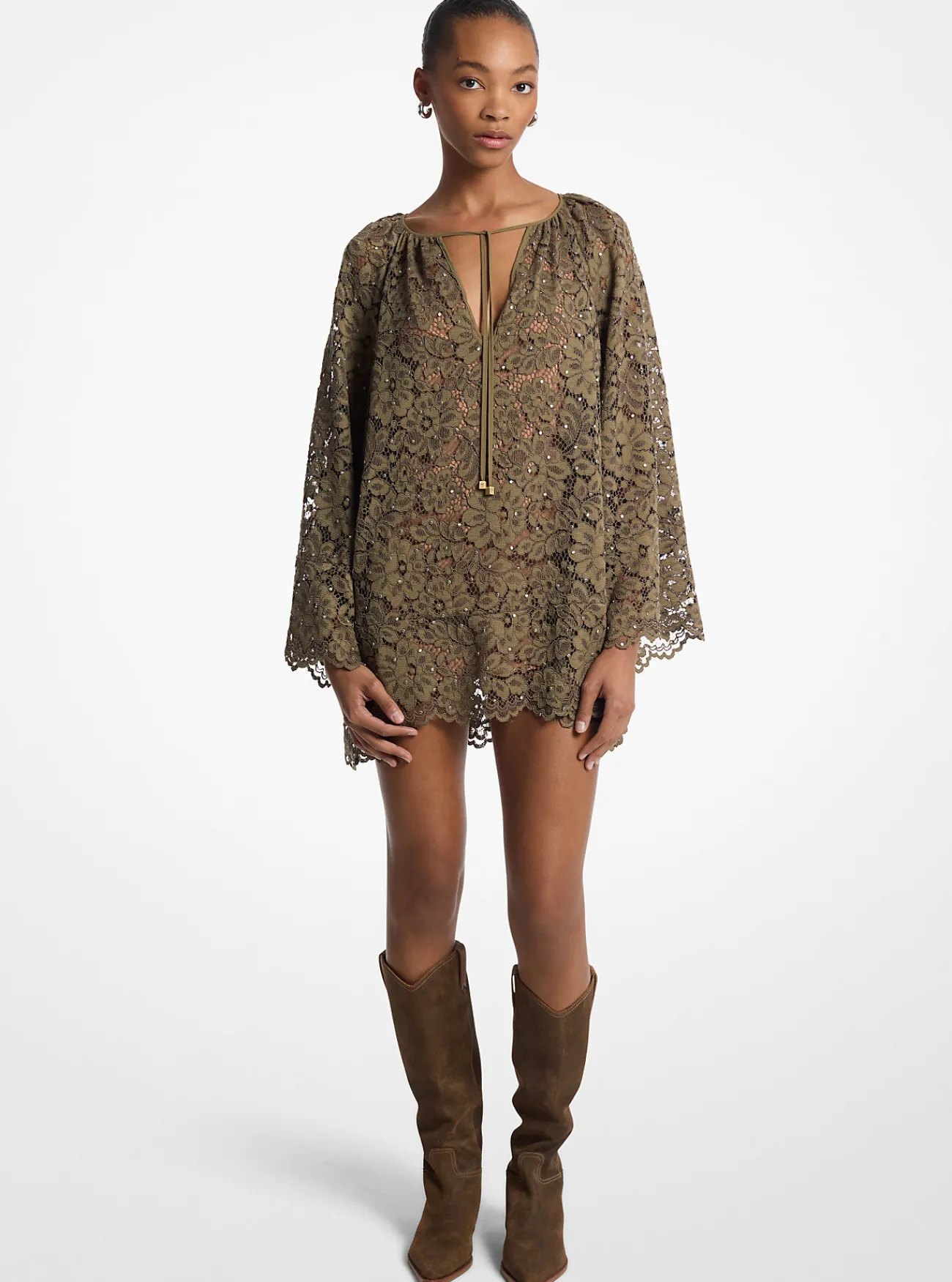 Michael Kors Jurk van gebloemd guipure-kant met studs en V-hals SAFARI New