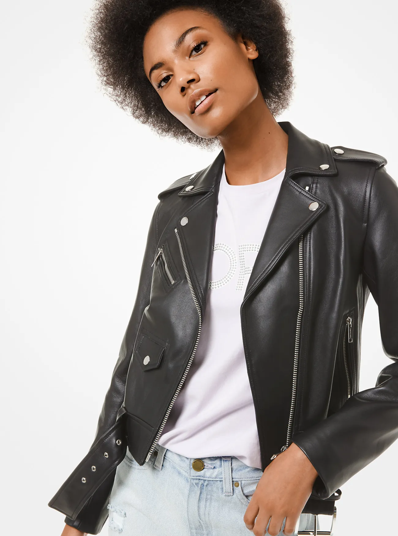 Michael Kors Leren motorjack ZWART Discount