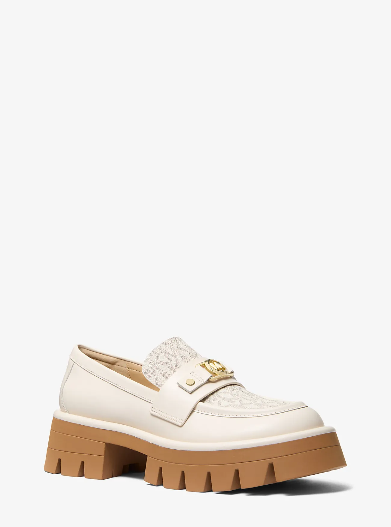 Michael Kors Loafer Mandy van leer en canvas met kenmerkend logo en plateauzool VANILLECOMBO Discount