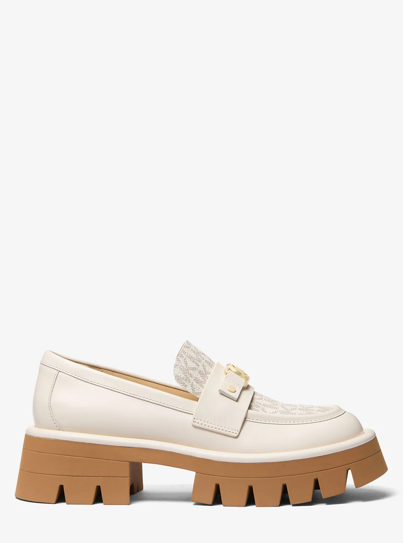 Michael Kors Loafer Mandy van leer en canvas met kenmerkend logo en plateauzool VANILLECOMBO Discount
