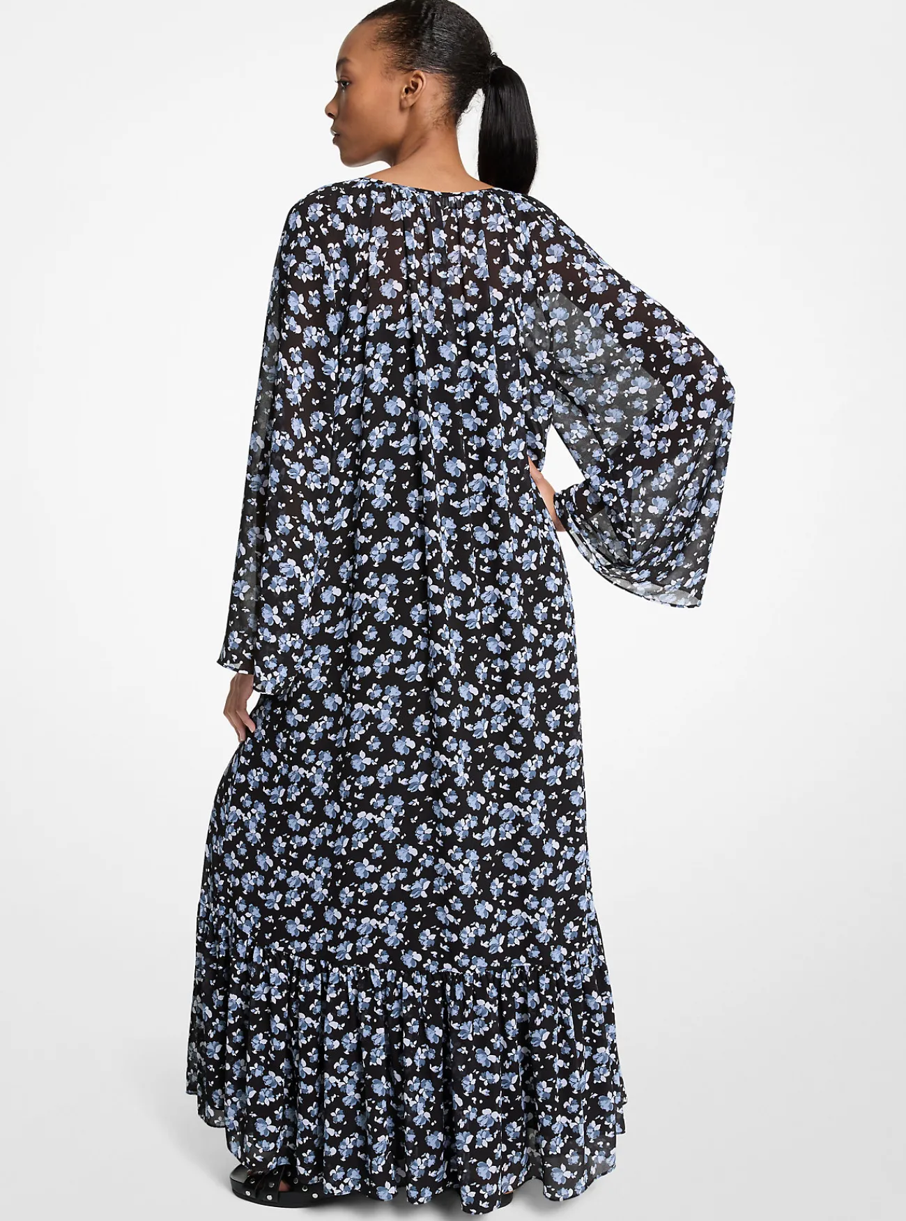 Michael Kors Maxi-jurk van cr&ecirc;pe georgette met bloemenprint en riem CHAMBRAY Sale