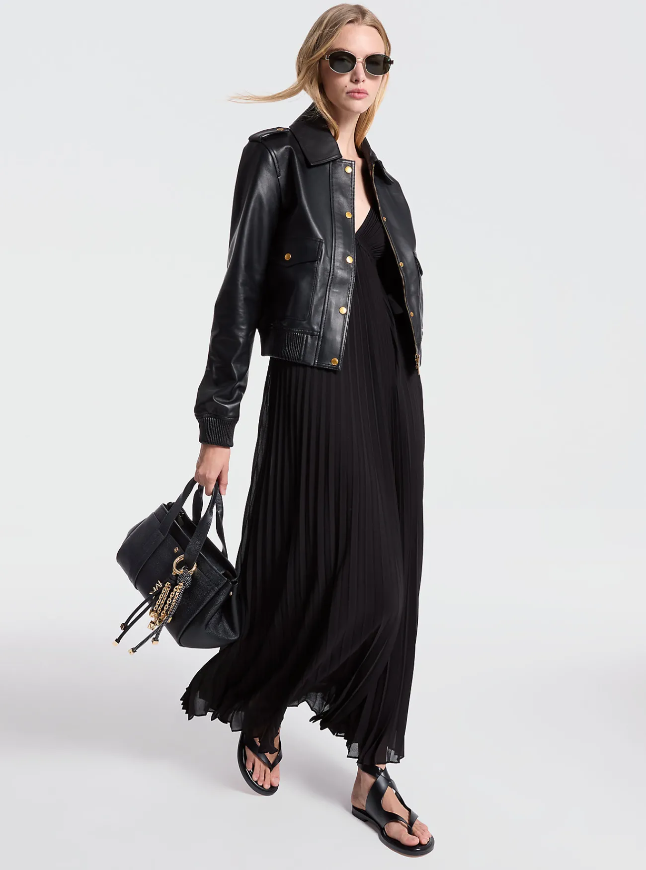 Michael Kors Maxi-jurk van cr&ecirc;pe georgette met plooien ZWART Clearance