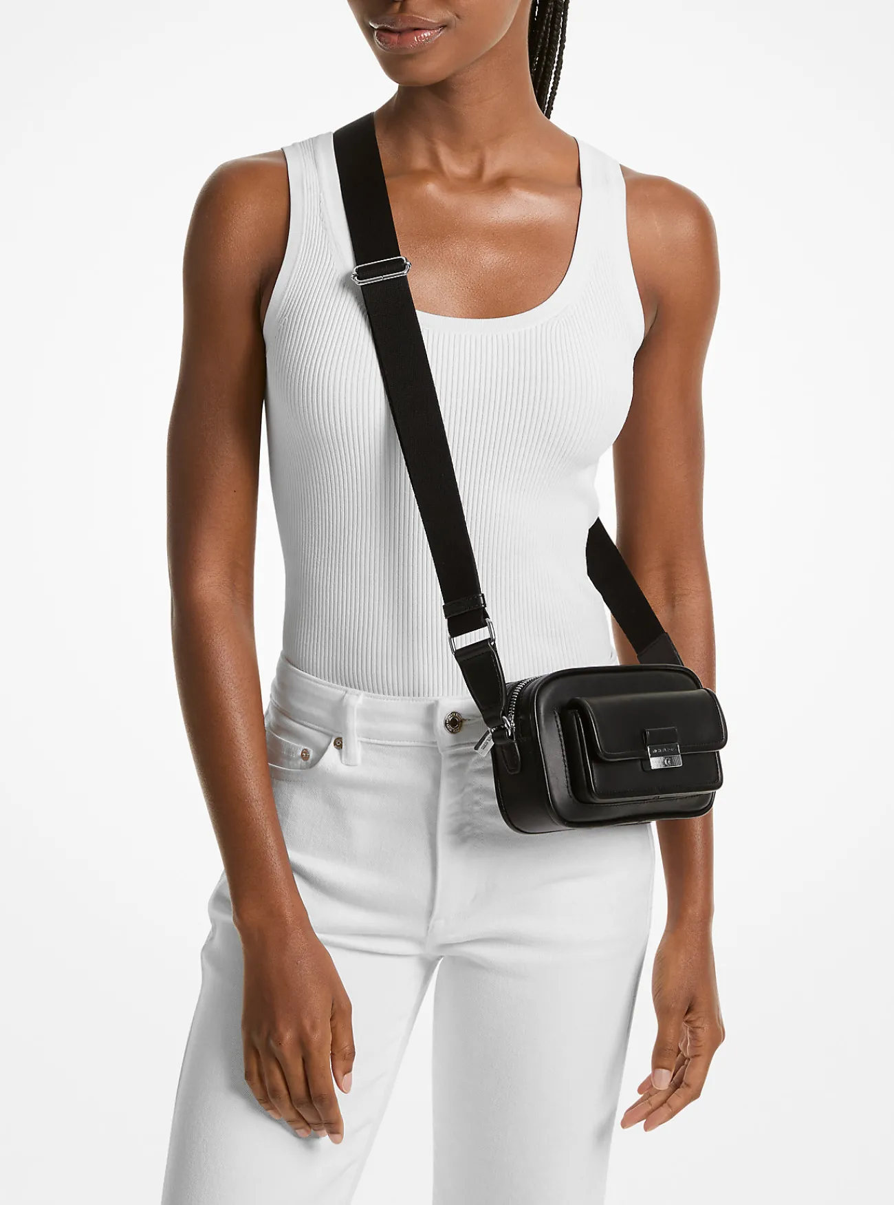 Michael Kors Messengertas Bradshaw van leer, extra klein ZWART Clearance