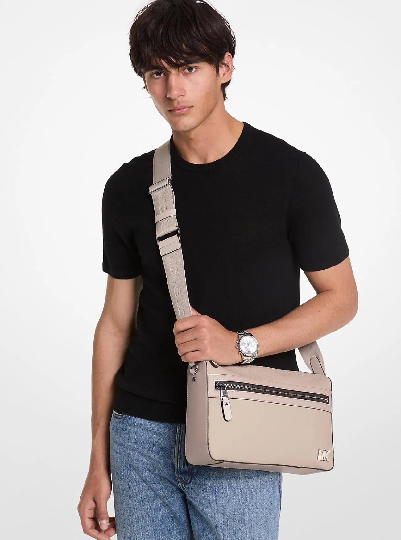 Michael Kors Messengertas Edison van saffianoleer, middelgroot LICHTZAND New