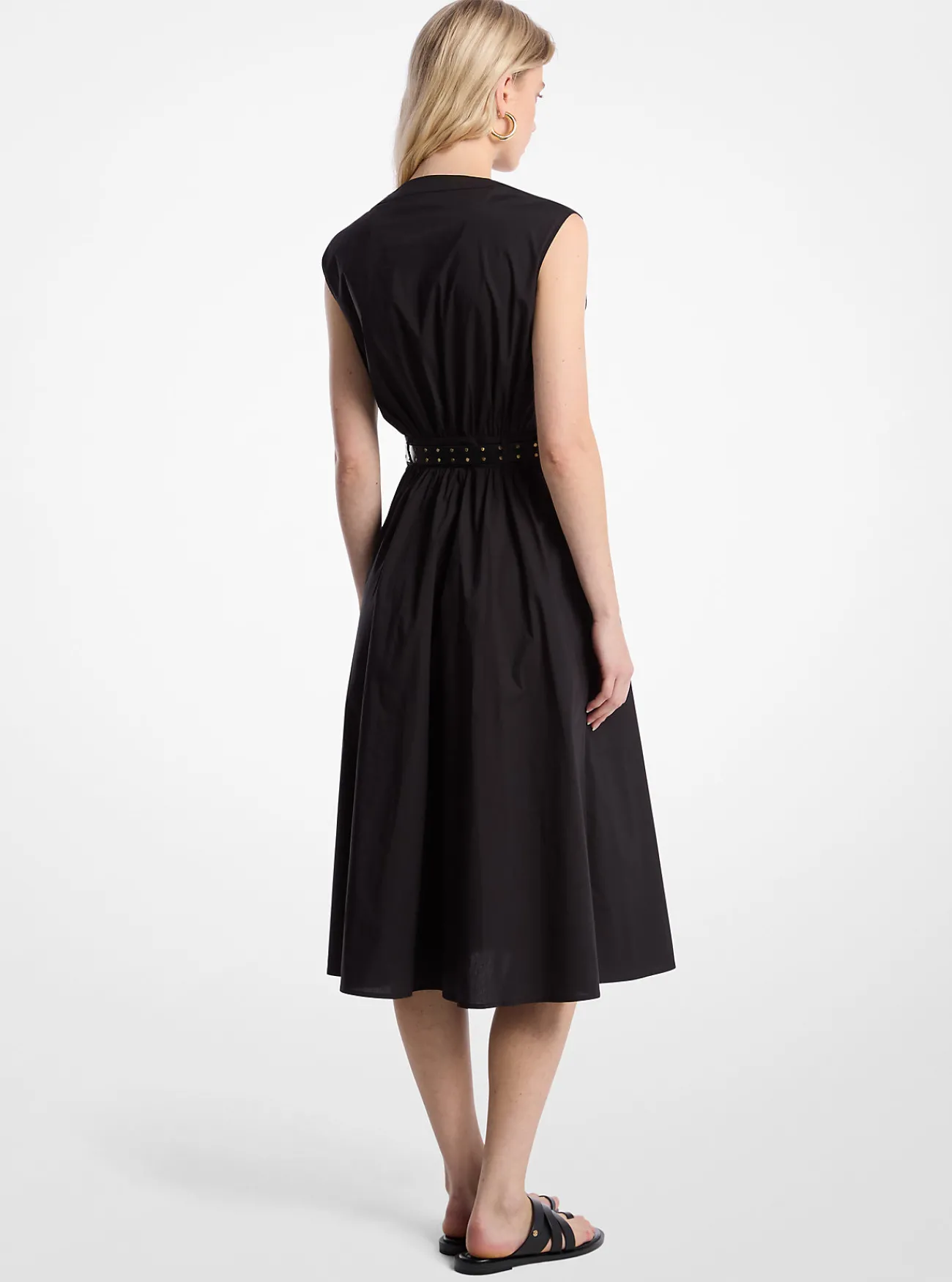 Michael Kors Midi-jurk van katoenpopeline met stretch en riem ZWART Outlet