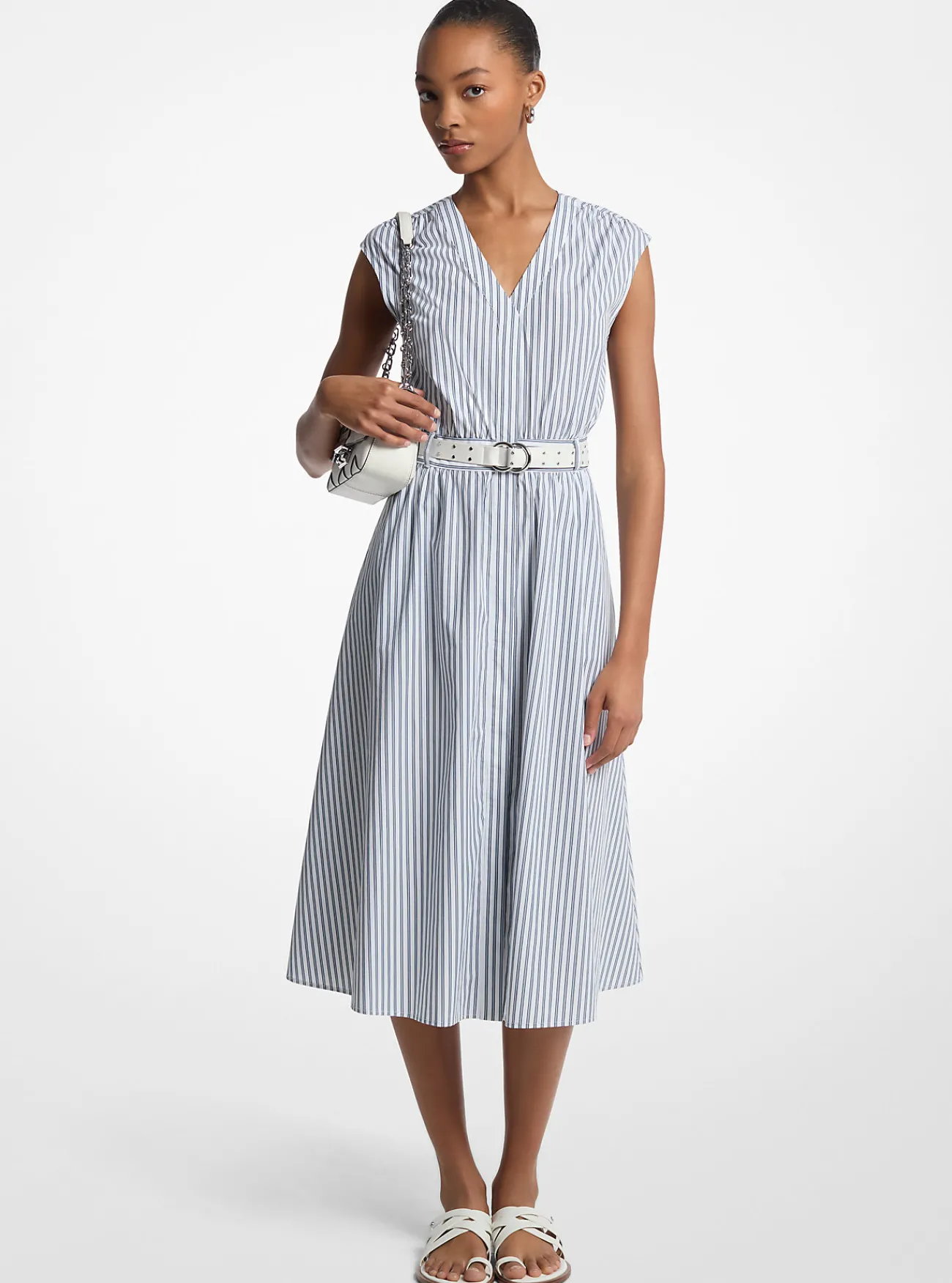 Michael Kors Midi-jurk van katoenpopeline met strepen en riem MIDNIGHTBLUE Fashion