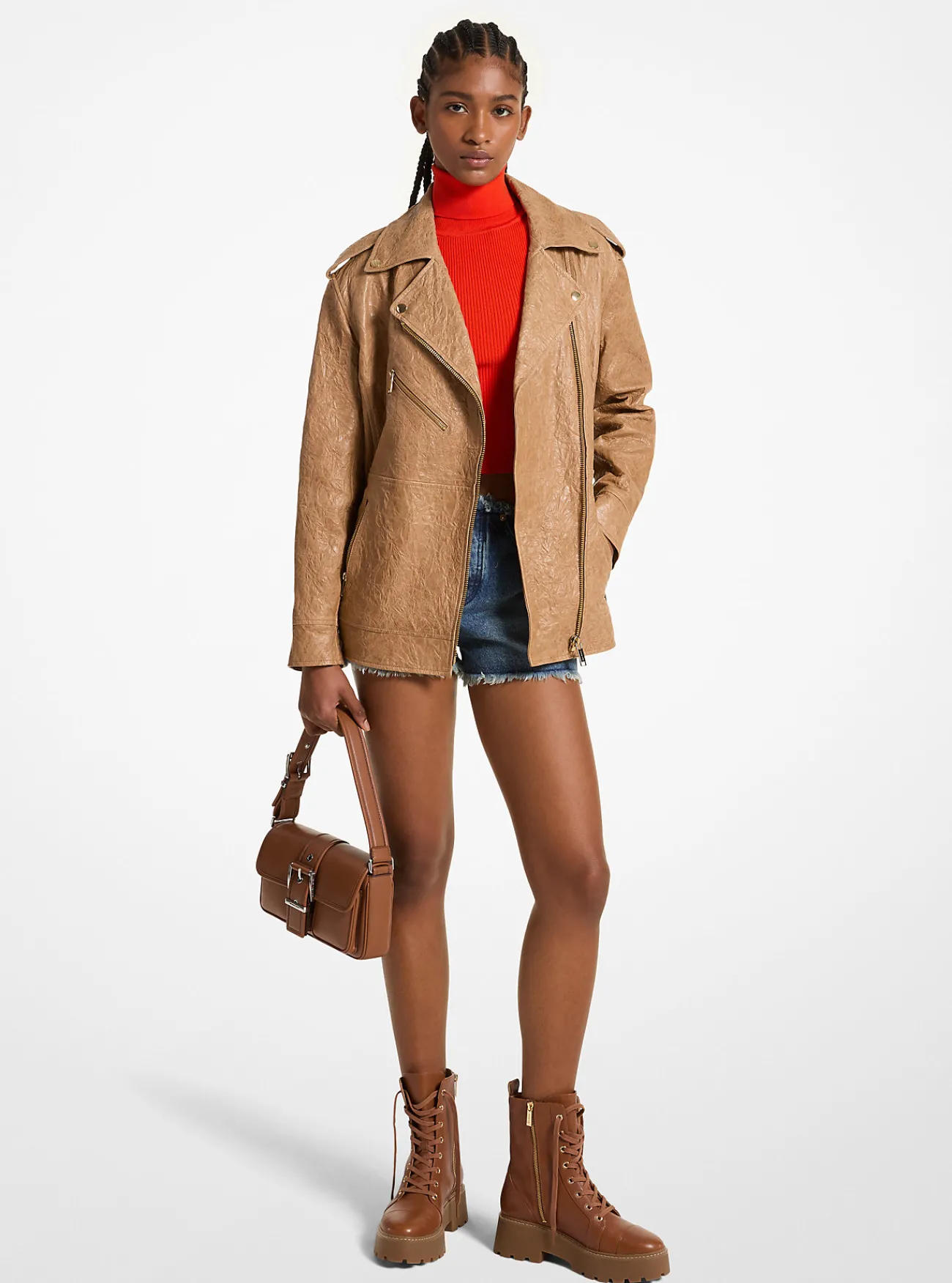 Michael Kors Motorjack van gekreukt leer, oversized DONKERCAMEL Online