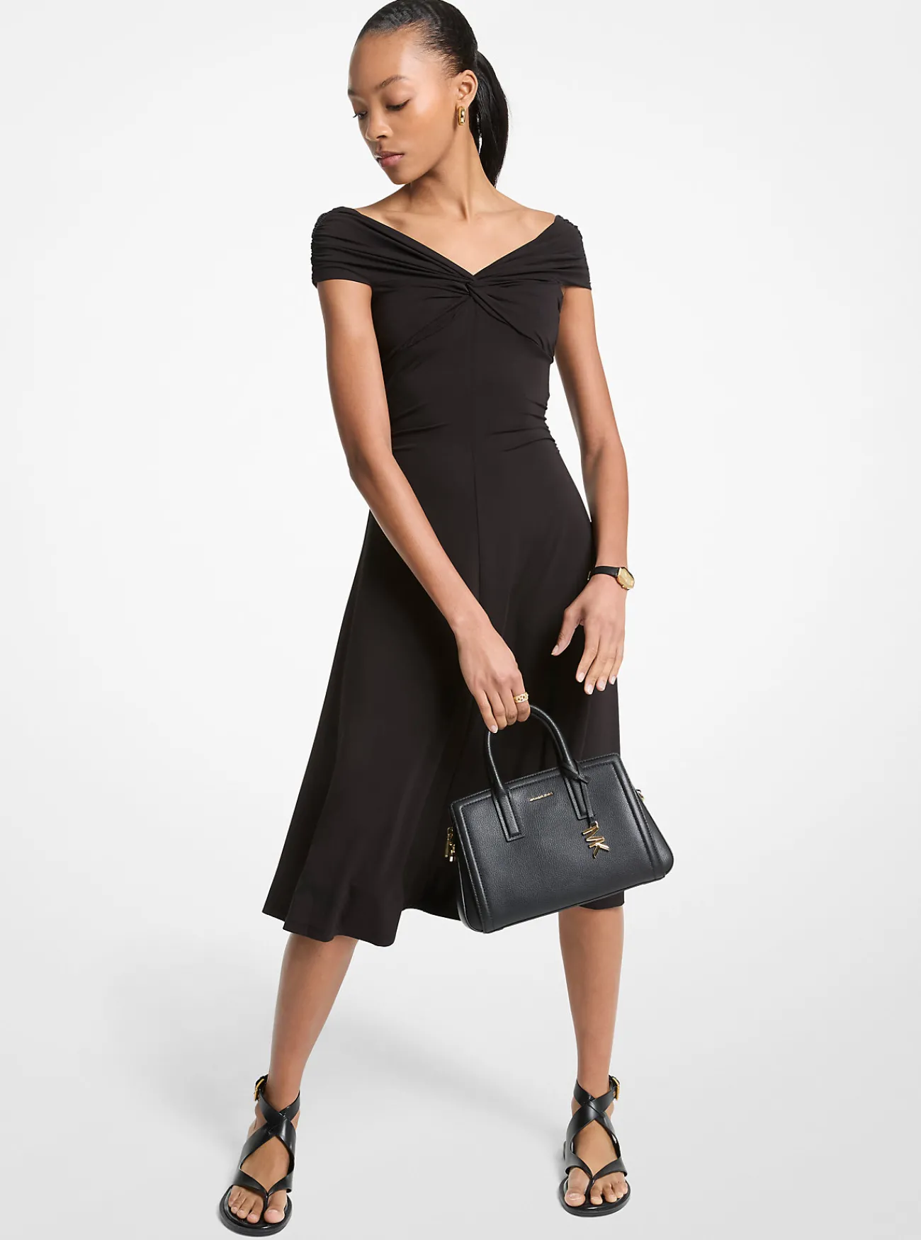 Michael Kors Offshoulder midi-jurk van stretchviscose ZWART Outlet
