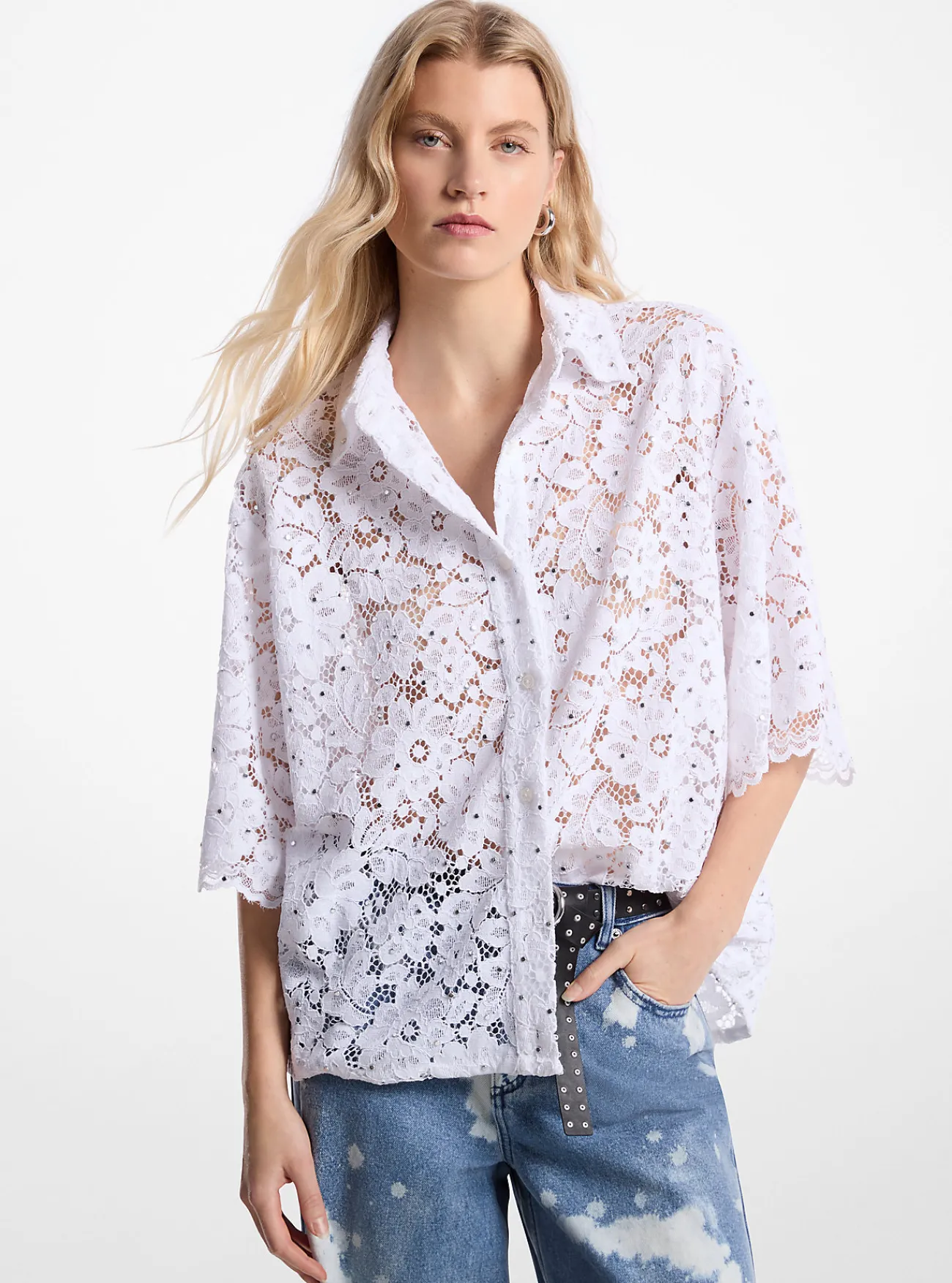 Michael Kors Overhemd van gebloemd guipure-kant met studs WIT Best