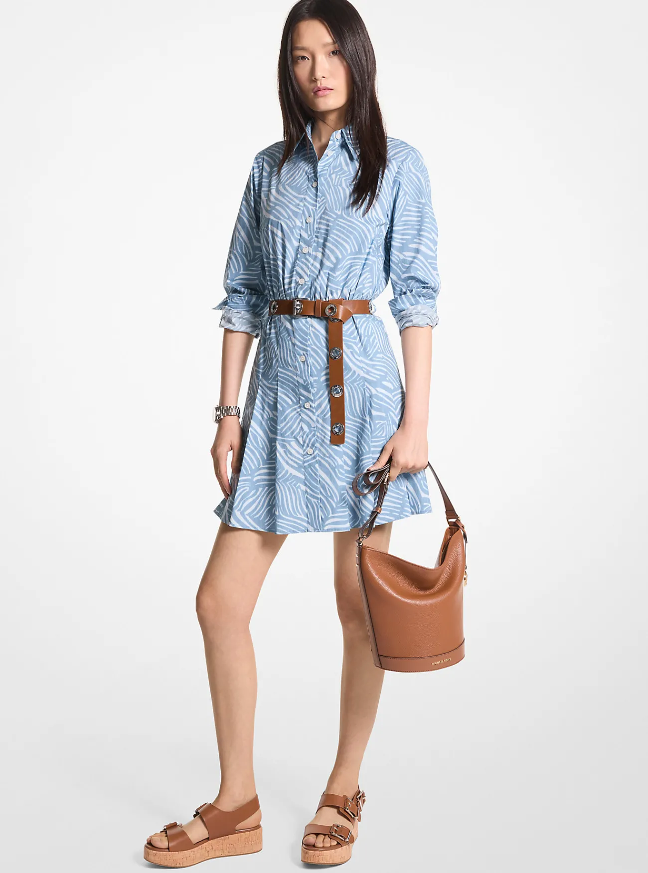 Michael Kors Overhemdjurk van katoenpopeline met stretch en zebraprint CHAMBRAY Outlet