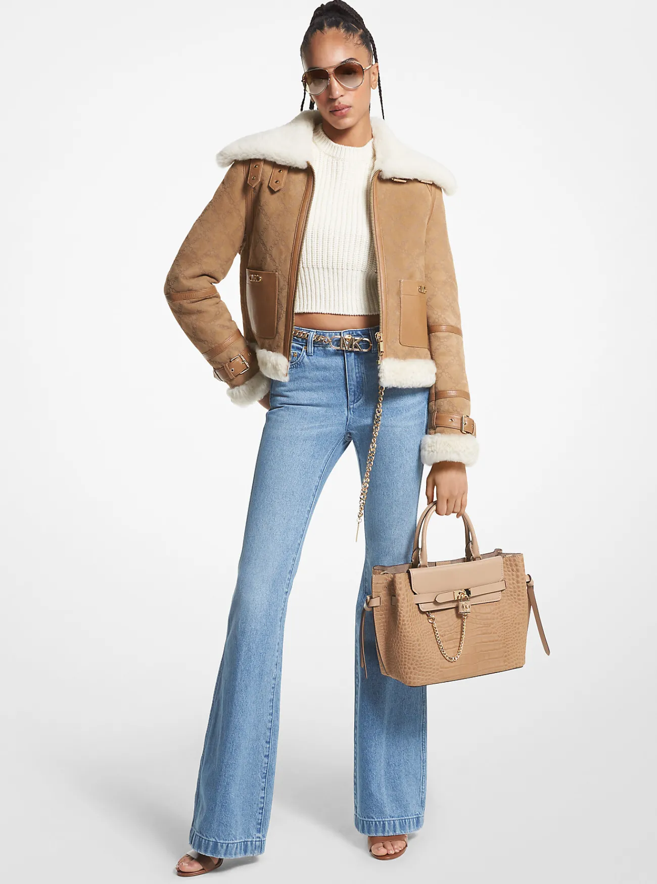 Michael Kors Pilotenjack van su&egrave;de en schapenwol met Empire-logo in reli&euml;f Clearance