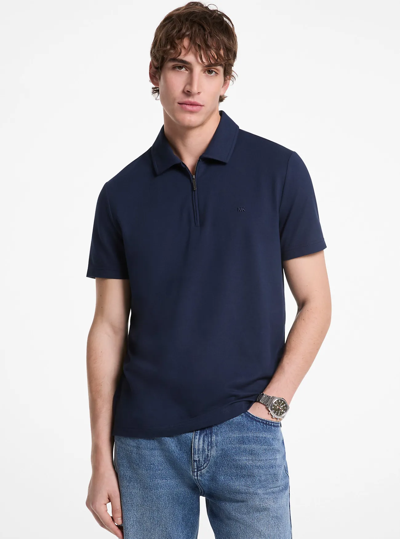 Michael Kors Poloshirt van piqu&eacute;stof van katoenmix met rits MIDDERNACHTSBLAUW Hot